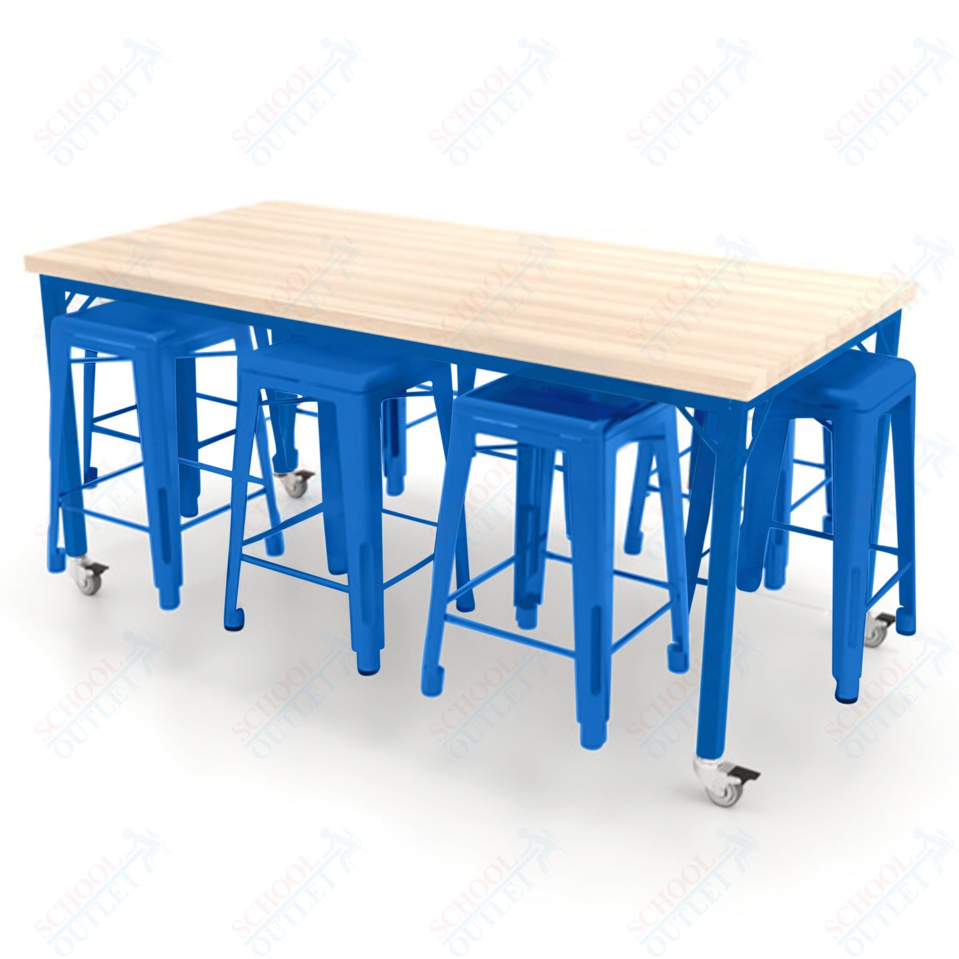 CEF Brainstorm Workbench 34"H with Butcher Block Top and Steel Frame, 8 Magnetic Metal Stools Included, for 3rd Grade and Up ADA Compliant - SchoolOutlet