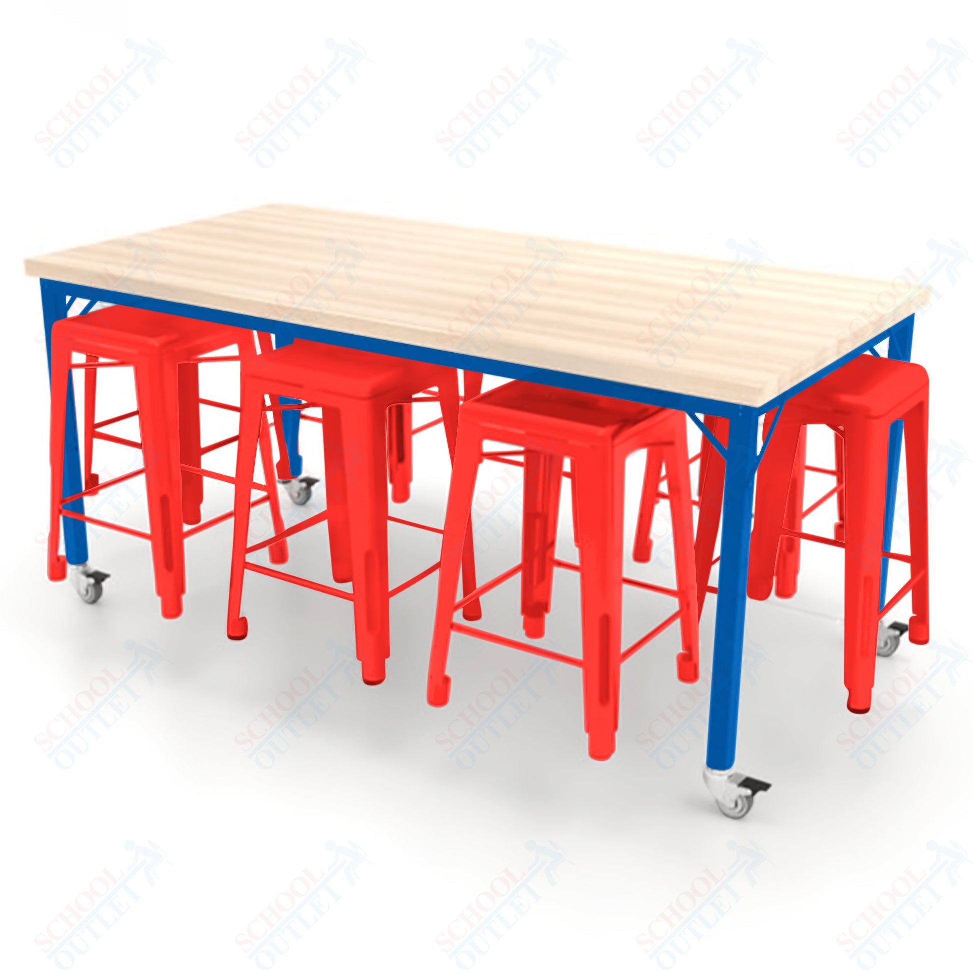CEF Brainstorm Workbench 34"H with Butcher Block Top and Steel Frame, 8 Magnetic Metal Stools Included, for 3rd Grade and Up ADA Compliant - SchoolOutlet