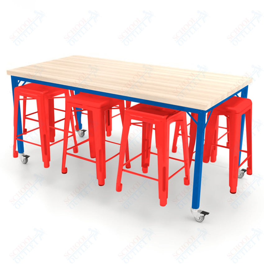 CEF Brainstorm Workbench 34"H with Butcher Block Top and Steel Frame, 8 Magnetic Metal Stools Included, for 3rd Grade and Up ADA Compliant - SchoolOutlet