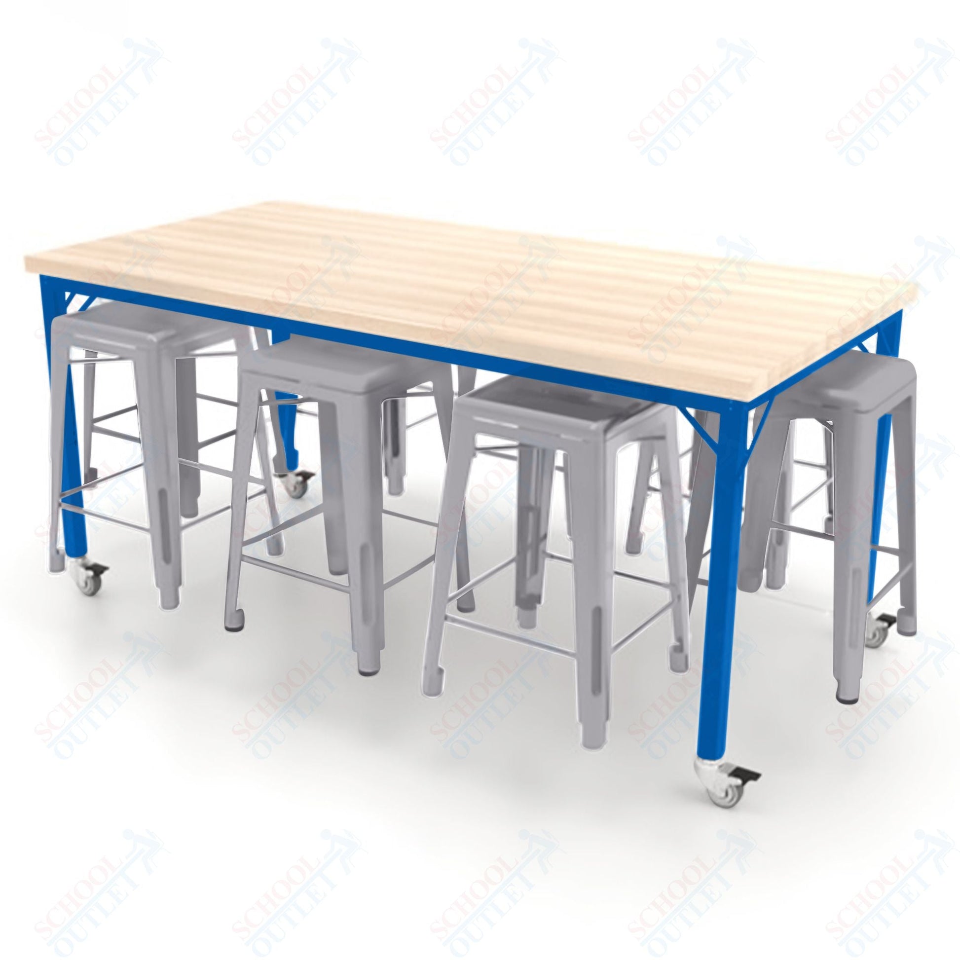 CEF Brainstorm Workbench 34"H with Butcher Block Top and Steel Frame, 8 Magnetic Metal Stools Included, for 3rd Grade and Up ADA Compliant - SchoolOutlet