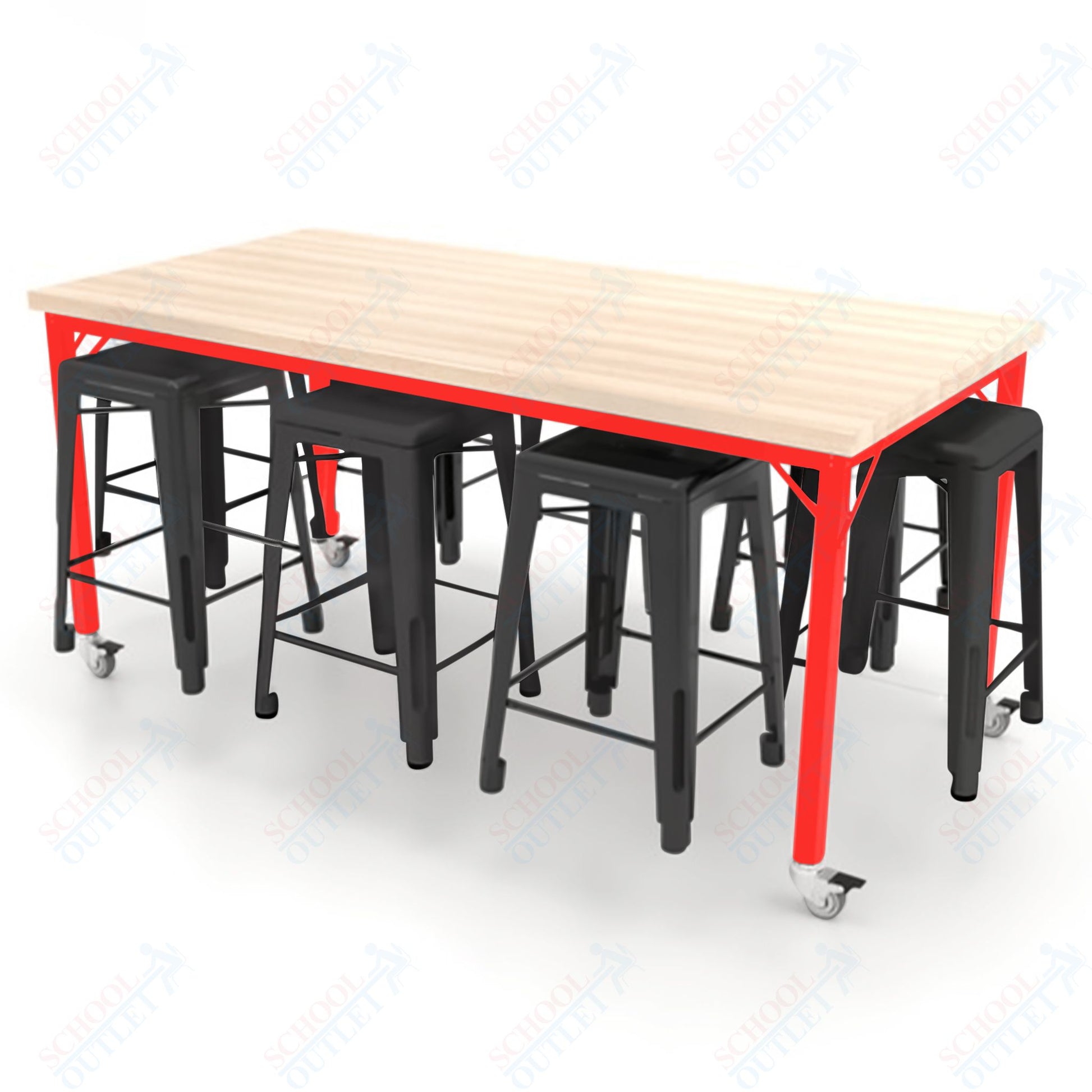 CEF Brainstorm Workbench 34"H with Butcher Block Top and Steel Frame, 8 Magnetic Metal Stools Included, for 3rd Grade and Up ADA Compliant - SchoolOutlet