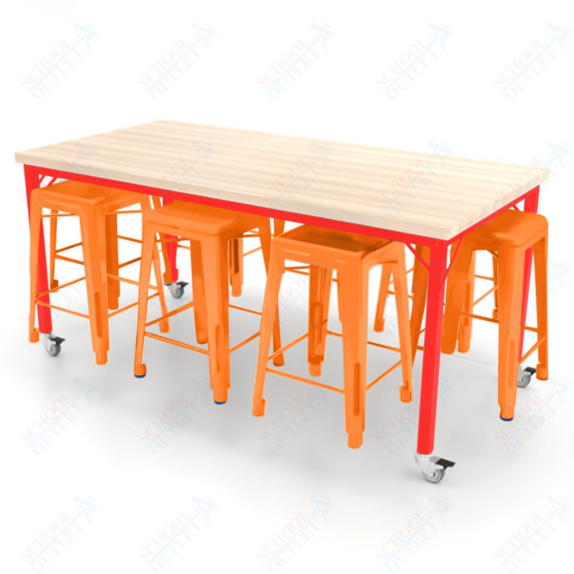 CEF Brainstorm Workbench 34"H with Butcher Block Top and Steel Frame, 8 Magnetic Metal Stools Included, for 3rd Grade and Up ADA Compliant - SchoolOutlet
