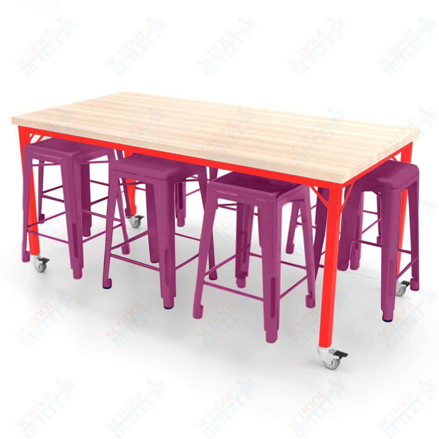 CEF Brainstorm Workbench 34"H with Butcher Block Top and Steel Frame, 8 Magnetic Metal Stools Included, for 3rd Grade and Up ADA Compliant - SchoolOutlet