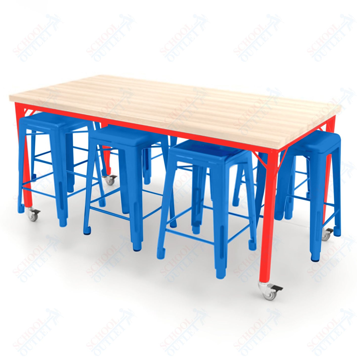 CEF Brainstorm Workbench 34"H with Butcher Block Top and Steel Frame, 8 Magnetic Metal Stools Included, for 3rd Grade and Up ADA Compliant - SchoolOutlet