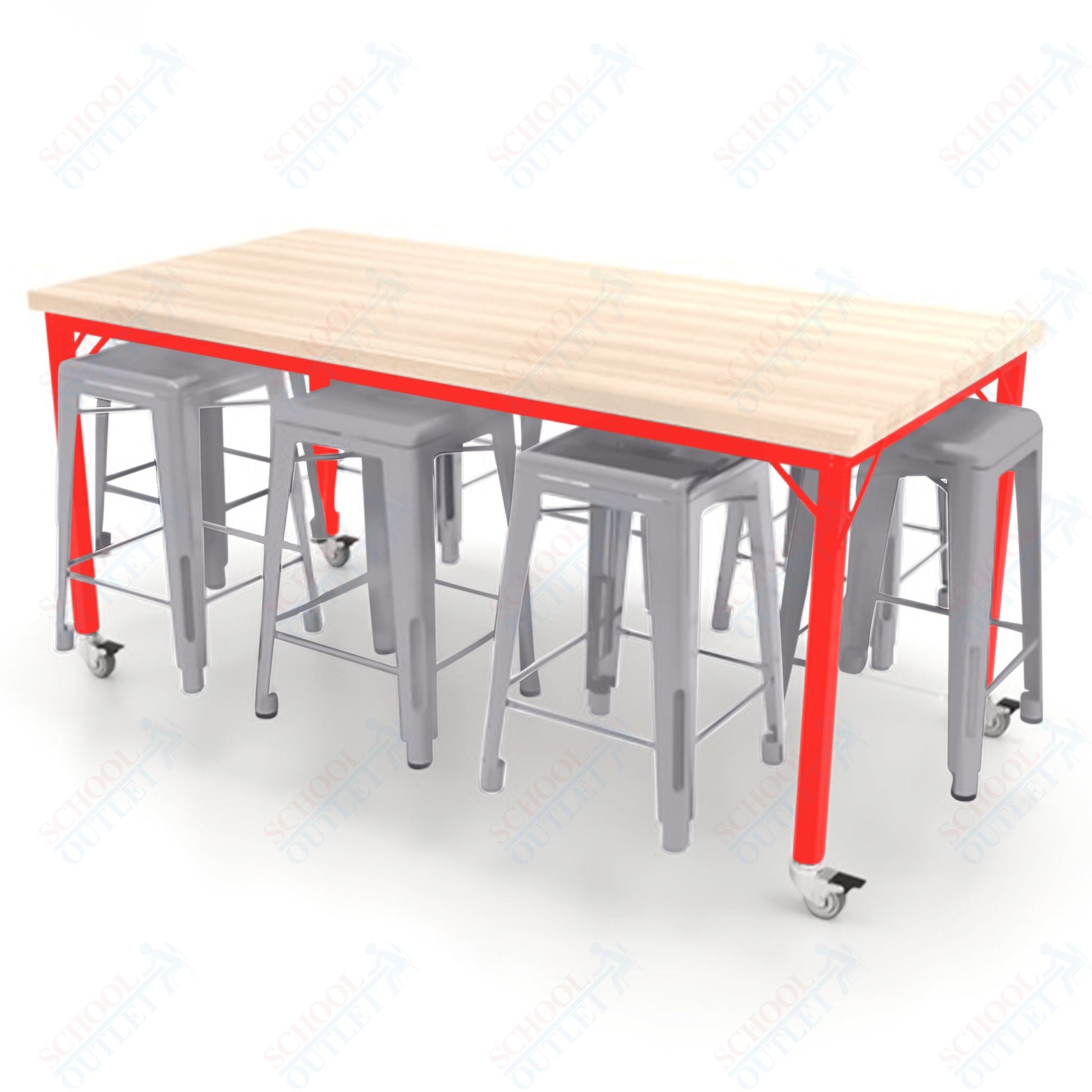 CEF Brainstorm Workbench 34"H with Butcher Block Top and Steel Frame, 8 Magnetic Metal Stools Included, for 3rd Grade and Up ADA Compliant - SchoolOutlet
