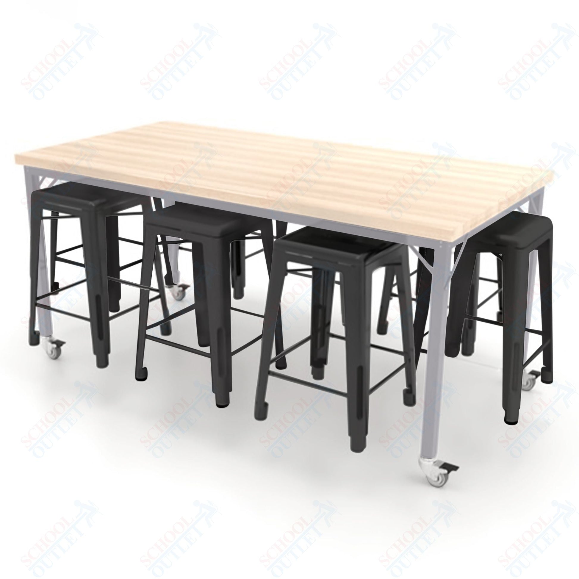 CEF Brainstorm Workbench 34"H with Butcher Block Top and Steel Frame, 8 Magnetic Metal Stools Included, for 3rd Grade and Up ADA Compliant - SchoolOutlet