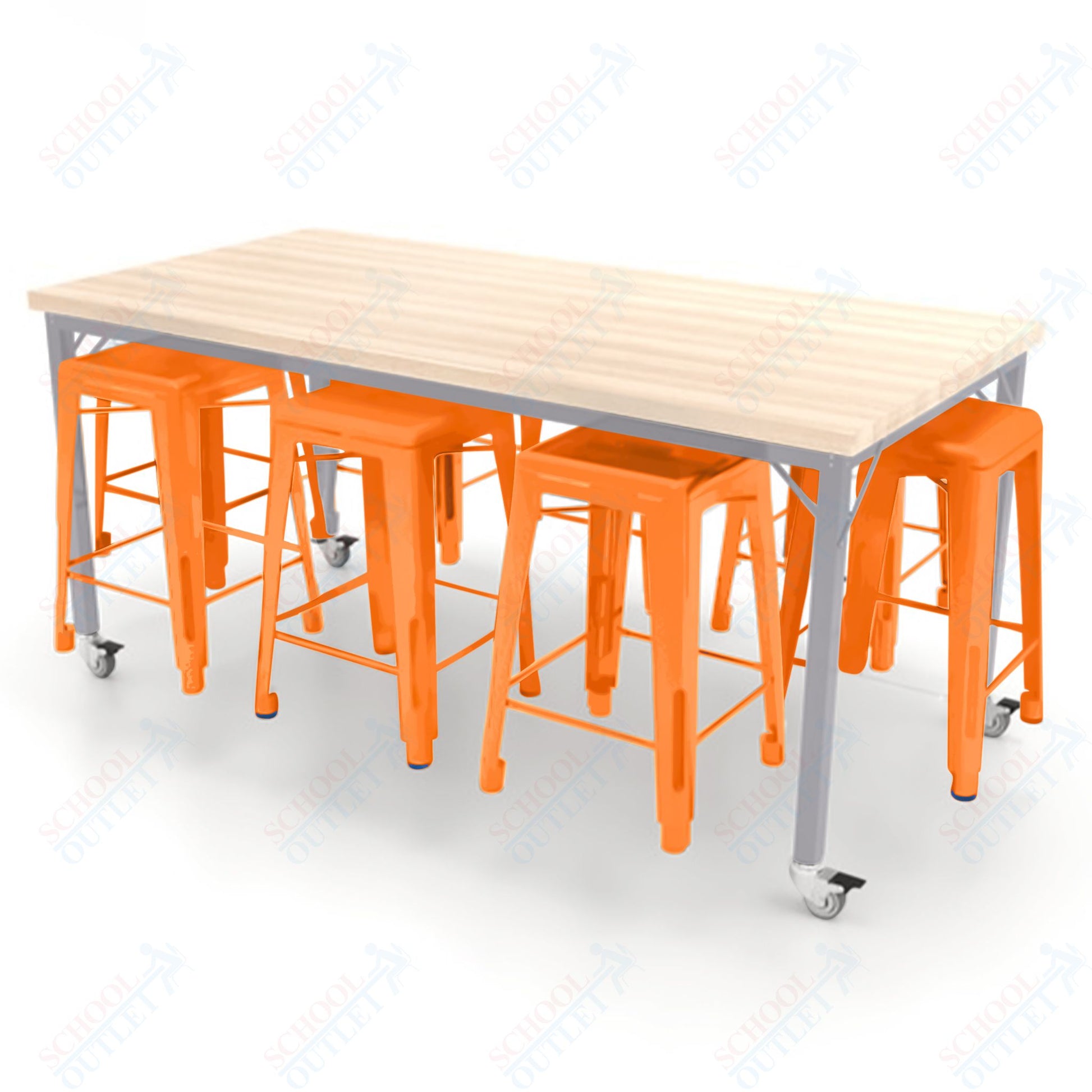 CEF Brainstorm Workbench 34"H with Butcher Block Top and Steel Frame, 8 Magnetic Metal Stools Included, for 3rd Grade and Up ADA Compliant - SchoolOutlet
