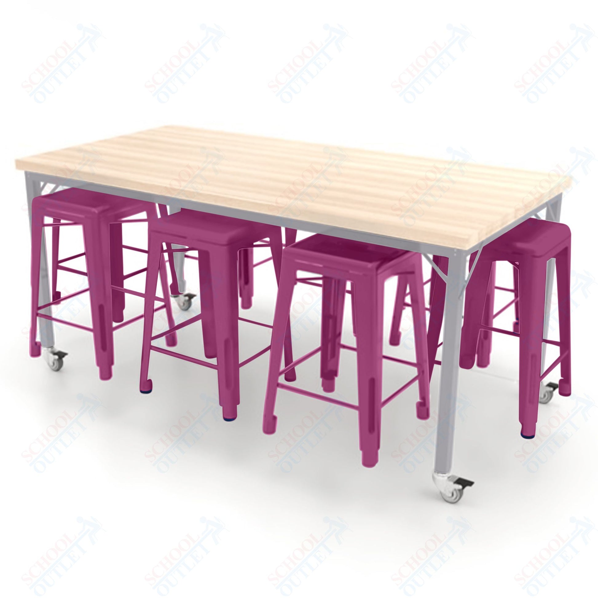 CEF Brainstorm Workbench 34"H with Butcher Block Top and Steel Frame, 8 Magnetic Metal Stools Included, for 3rd Grade and Up ADA Compliant - SchoolOutlet