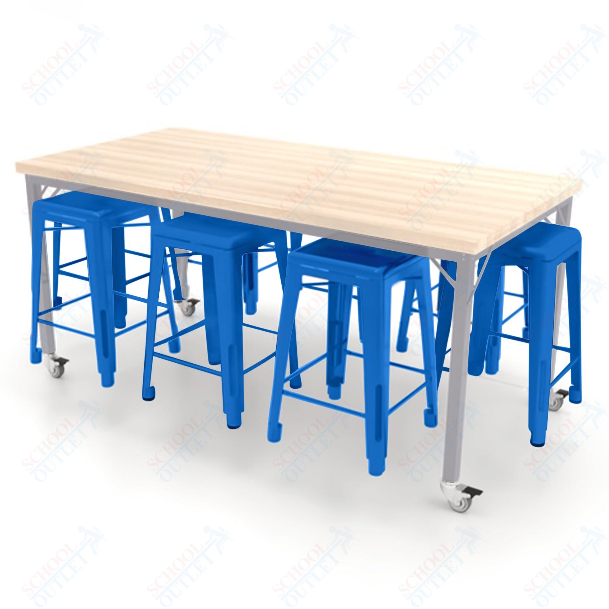 CEF Brainstorm Workbench 34"H with Butcher Block Top and Steel Frame, 8 Magnetic Metal Stools Included, for 3rd Grade and Up ADA Compliant - SchoolOutlet