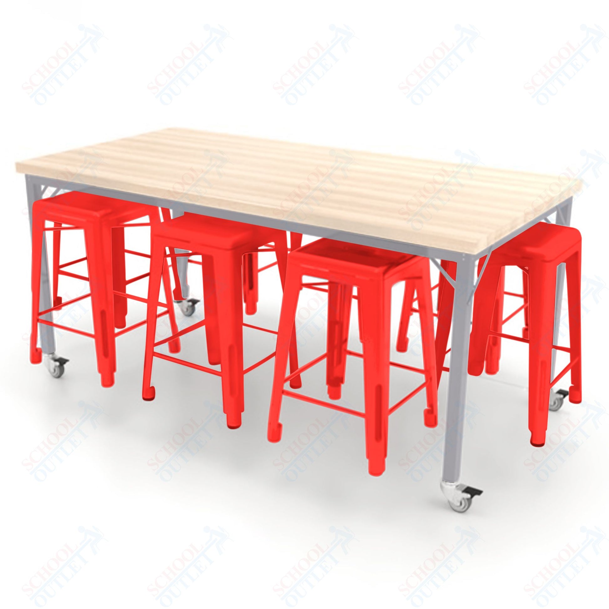 CEF Brainstorm Workbench 34"H with Butcher Block Top and Steel Frame, 8 Magnetic Metal Stools Included, for 3rd Grade and Up ADA Compliant - SchoolOutlet