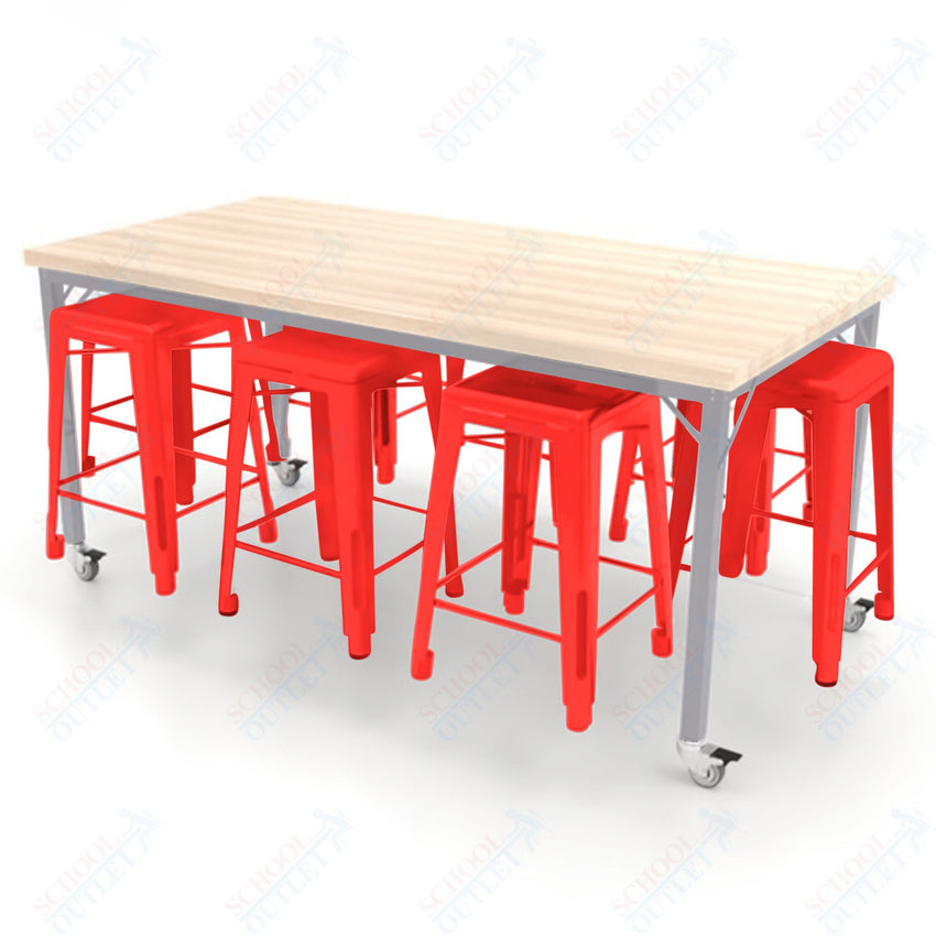 CEF Brainstorm Workbench 34"H with Butcher Block Top and Steel Frame, 8 Magnetic Metal Stools Included, for 3rd Grade and Up ADA Compliant - SchoolOutlet