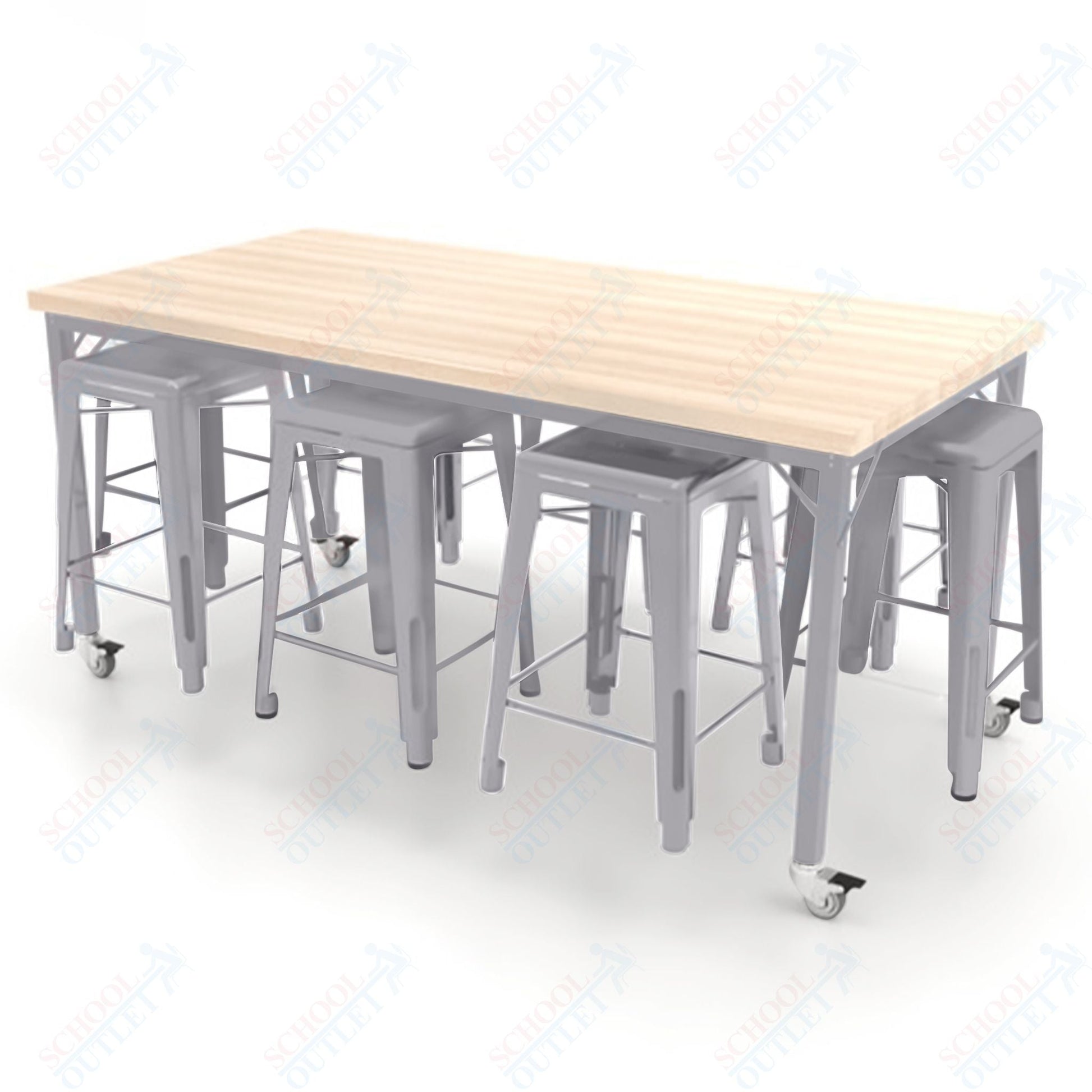 CEF Brainstorm Workbench 34"H with Butcher Block Top and Steel Frame, 8 Magnetic Metal Stools Included, for 3rd Grade and Up ADA Compliant - SchoolOutlet