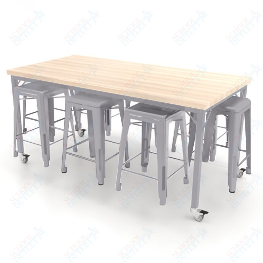 CEF Brainstorm Workbench 34"H with Butcher Block Top and Steel Frame, 8 Magnetic Metal Stools Included, for 3rd Grade and Up ADA Compliant - SchoolOutlet
