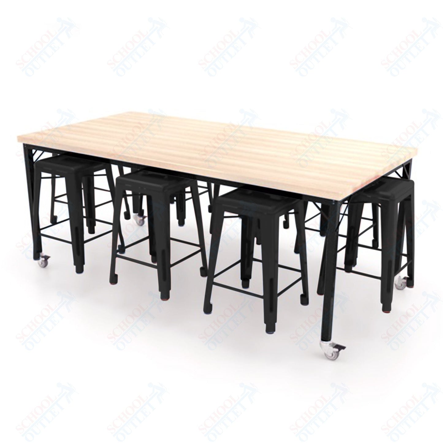 CEF Brainstorm Workbench 34"H with Butcher Block Top and Steel Frame, 8 Magnetic Metal Stools Included, for 3rd Grade and Up ADA Compliant - SchoolOutlet