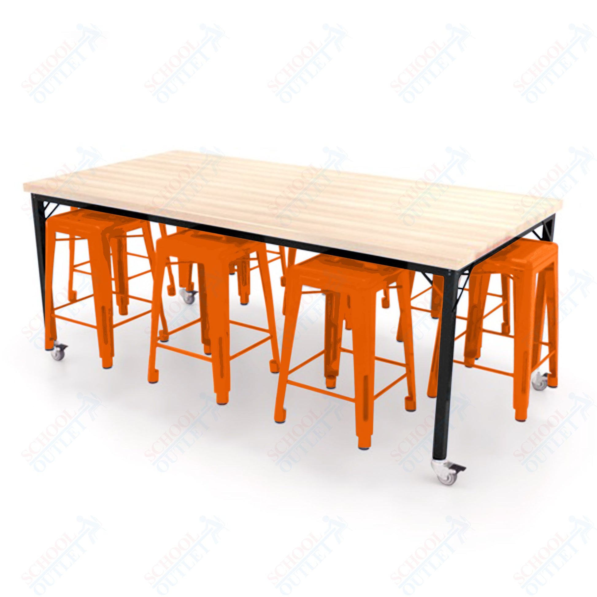 CEF Brainstorm Workbench 34"H with Butcher Block Top and Steel Frame, 8 Magnetic Metal Stools Included, for 3rd Grade and Up ADA Compliant - SchoolOutlet