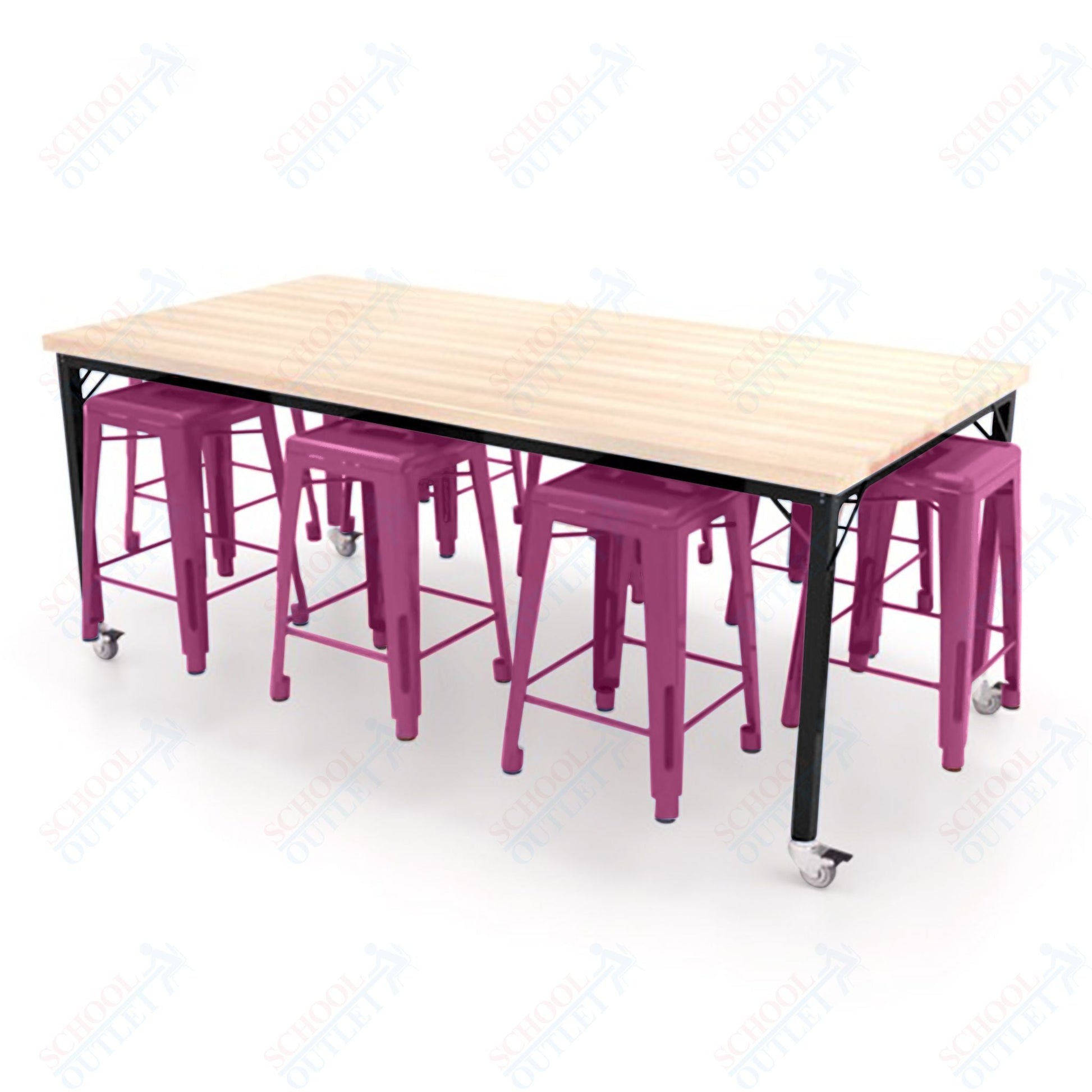 CEF Brainstorm Workbench 34"H with Butcher Block Top and Steel Frame, 8 Magnetic Metal Stools Included, for 3rd Grade and Up ADA Compliant - SchoolOutlet