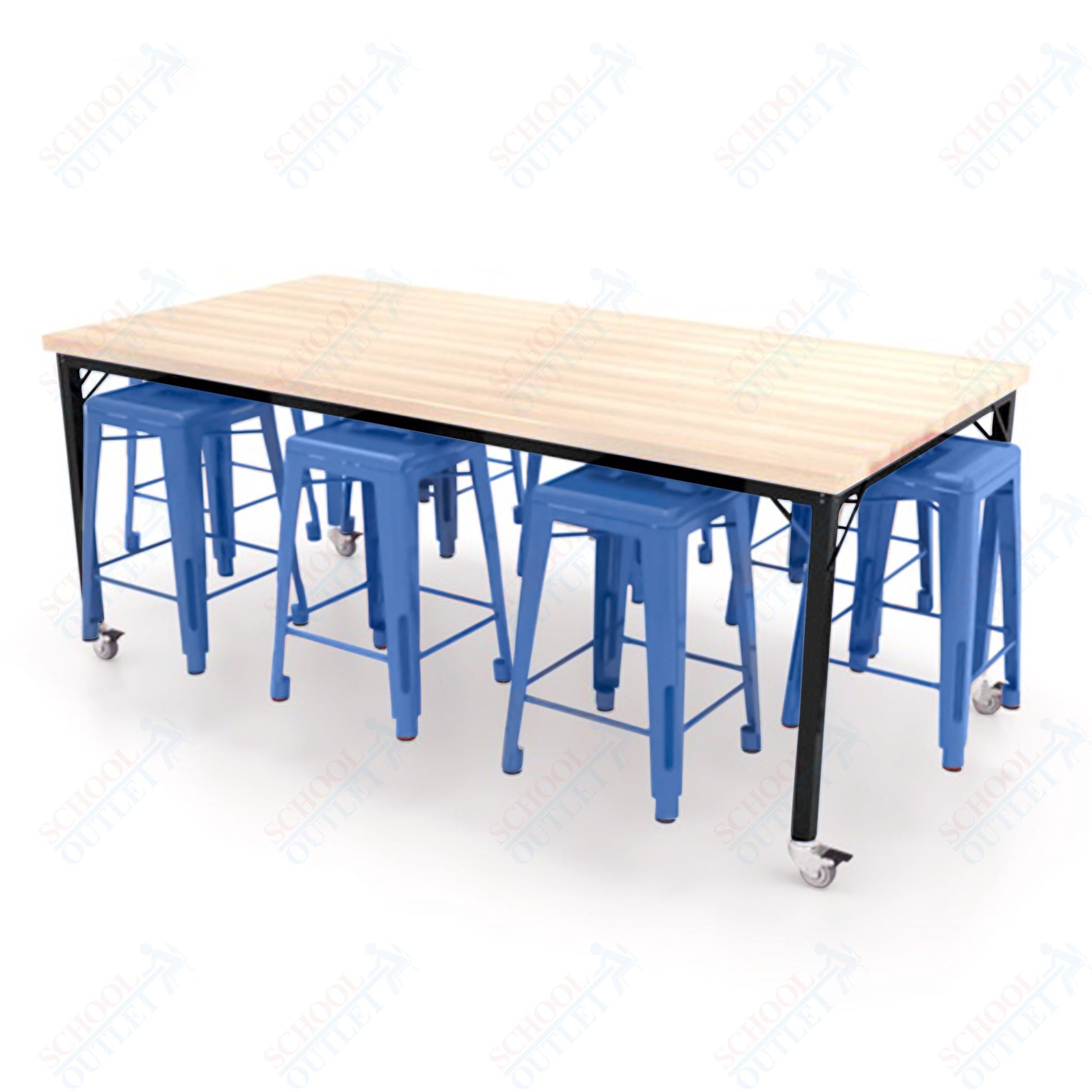 CEF Brainstorm Workbench 34"H with Butcher Block Top and Steel Frame, 8 Magnetic Metal Stools Included, for 3rd Grade and Up ADA Compliant - SchoolOutlet
