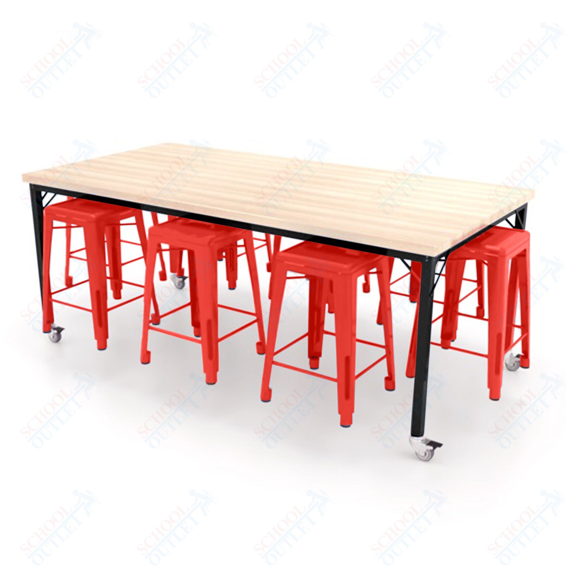 CEF Brainstorm Workbench 34"H with Butcher Block Top and Steel Frame, 8 Magnetic Metal Stools Included, for 3rd Grade and Up ADA Compliant - SchoolOutlet