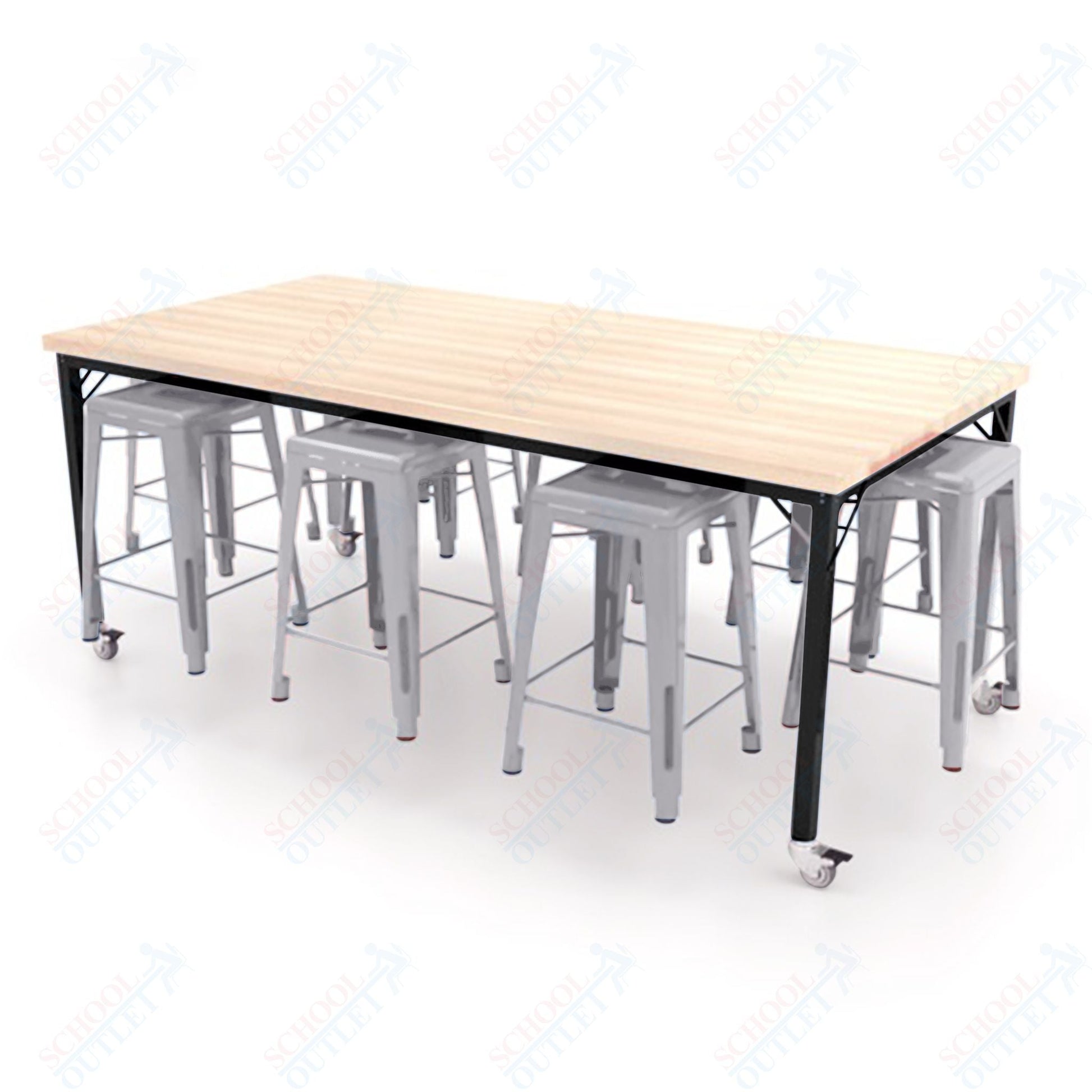CEF Brainstorm Workbench 34"H with Butcher Block Top and Steel Frame, 8 Magnetic Metal Stools Included, for 3rd Grade and Up ADA Compliant - SchoolOutlet
