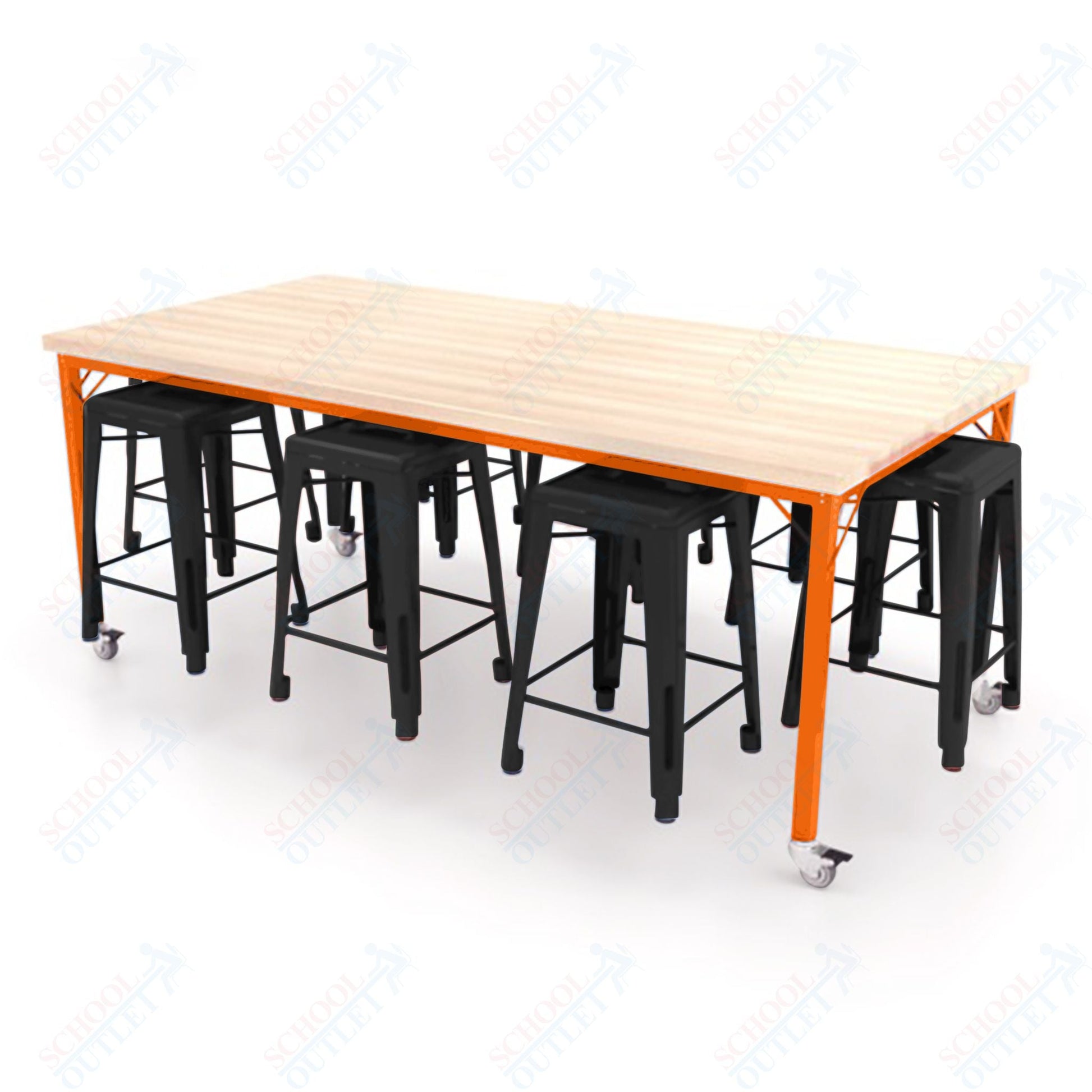 CEF Brainstorm Workbench 34"H with Butcher Block Top and Steel Frame, 8 Magnetic Metal Stools Included, for 3rd Grade and Up ADA Compliant - SchoolOutlet