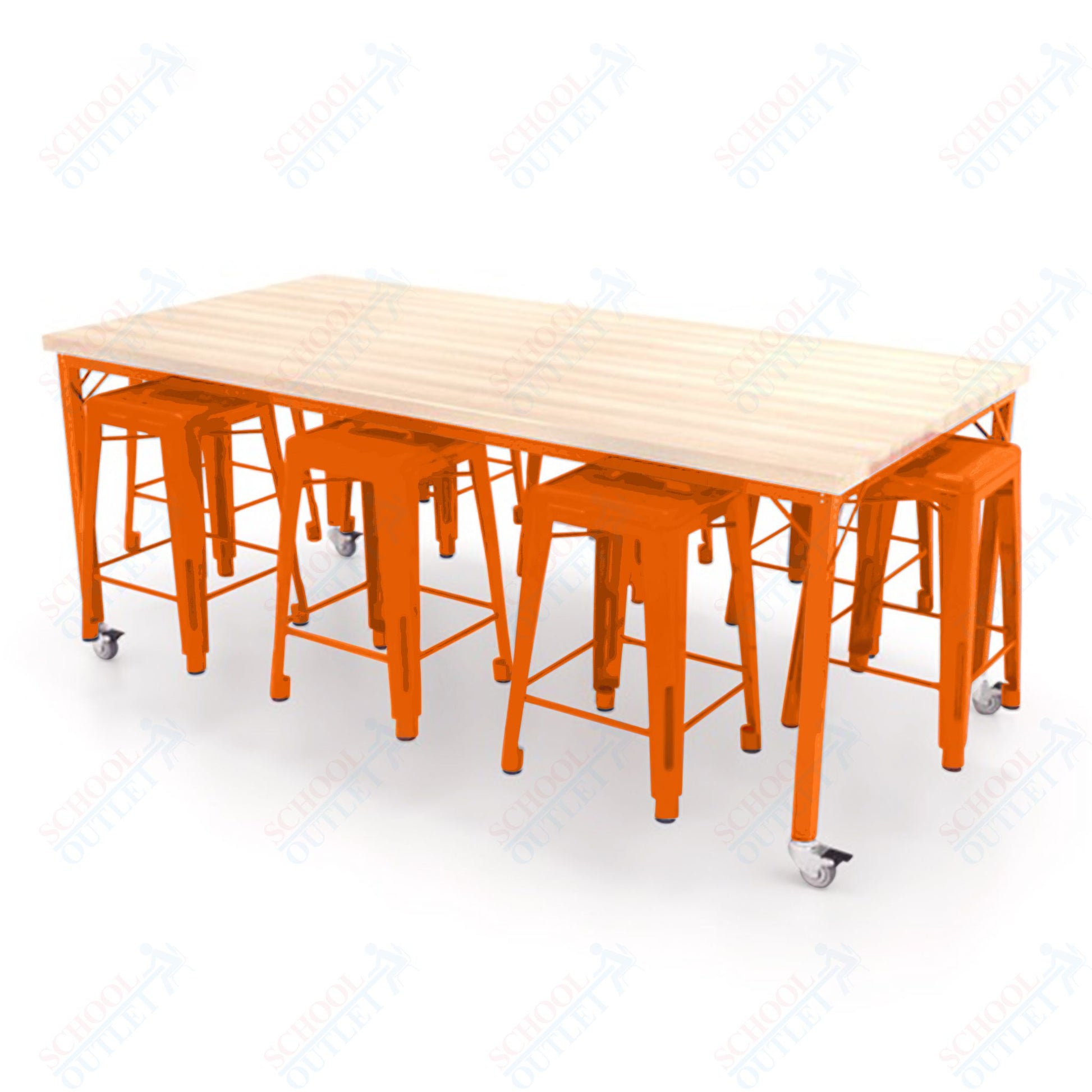 CEF Brainstorm Workbench 34"H with Butcher Block Top and Steel Frame, 8 Magnetic Metal Stools Included, for 3rd Grade and Up ADA Compliant - SchoolOutlet