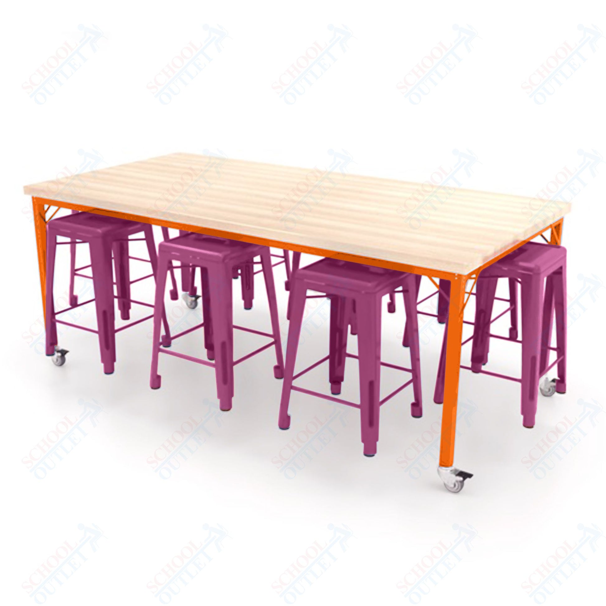 CEF Brainstorm Workbench 34"H with Butcher Block Top and Steel Frame, 8 Magnetic Metal Stools Included, for 3rd Grade and Up ADA Compliant - SchoolOutlet