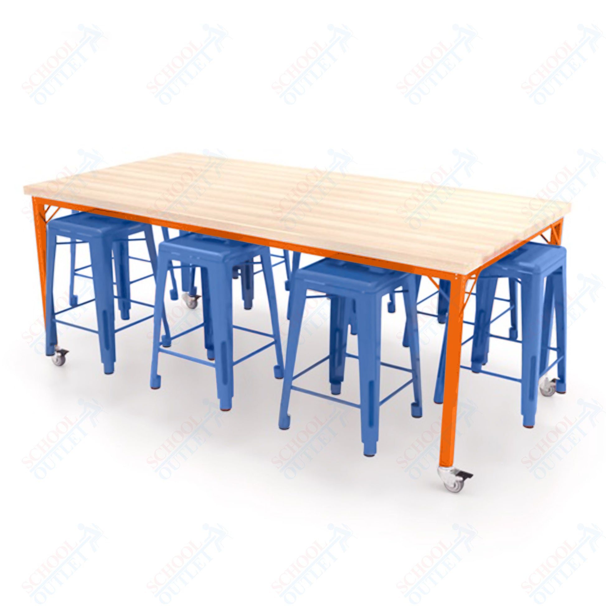 CEF Brainstorm Workbench 34"H with Butcher Block Top and Steel Frame, 8 Magnetic Metal Stools Included, for 3rd Grade and Up ADA Compliant - SchoolOutlet