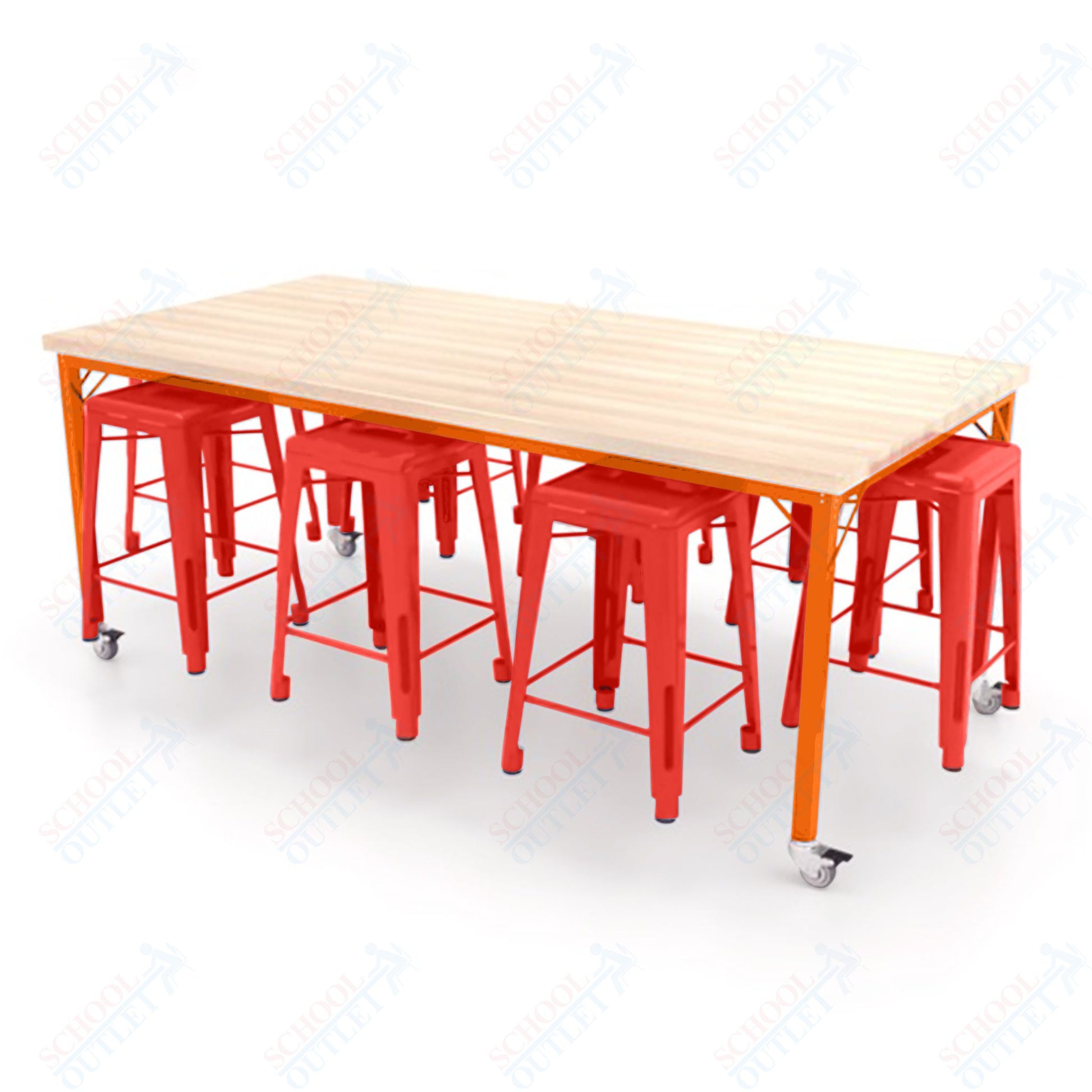 CEF Brainstorm Workbench 34"H with Butcher Block Top and Steel Frame, 8 Magnetic Metal Stools Included, for 3rd Grade and Up ADA Compliant - SchoolOutlet