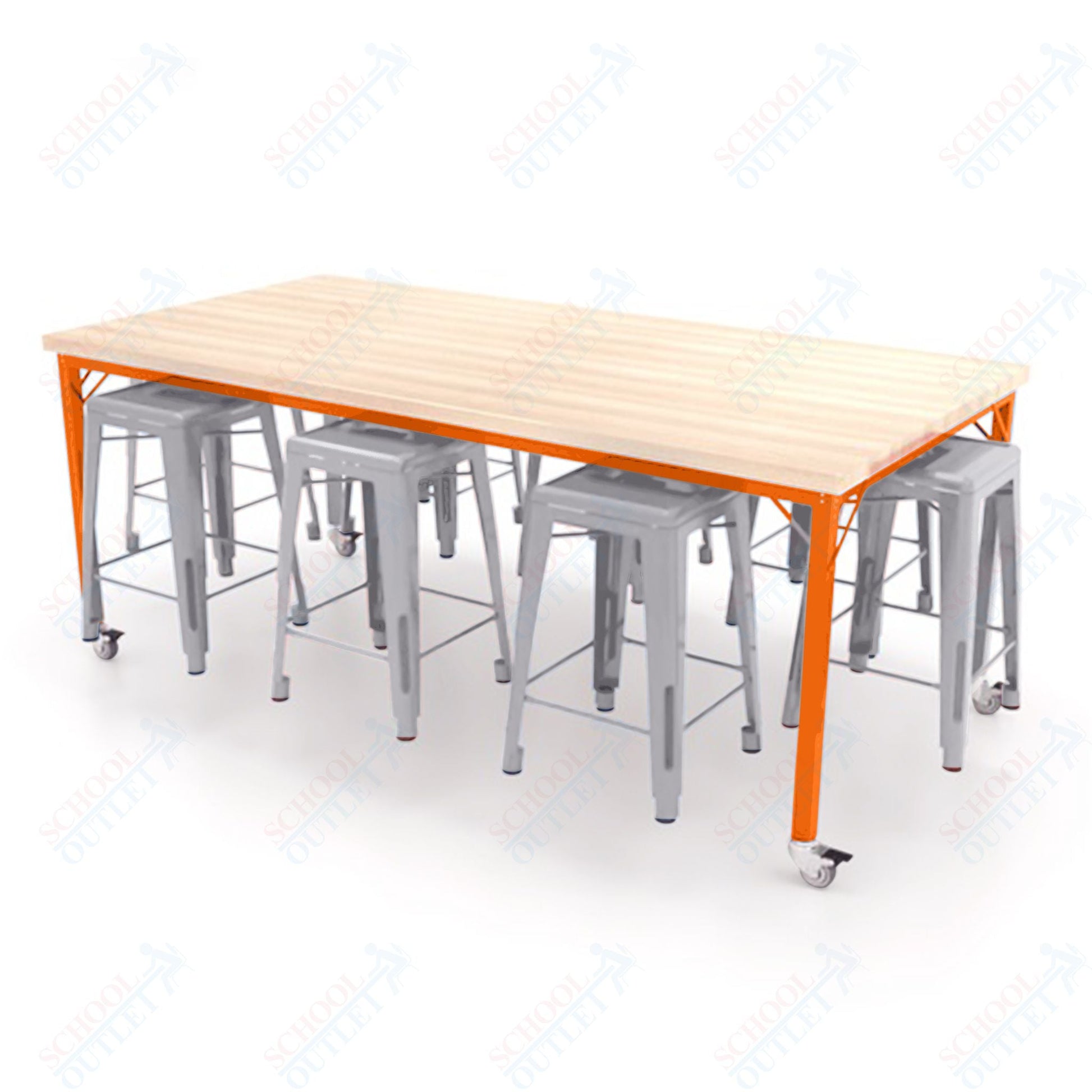 CEF Brainstorm Workbench 34"H with Butcher Block Top and Steel Frame, 8 Magnetic Metal Stools Included, for 3rd Grade and Up ADA Compliant - SchoolOutlet