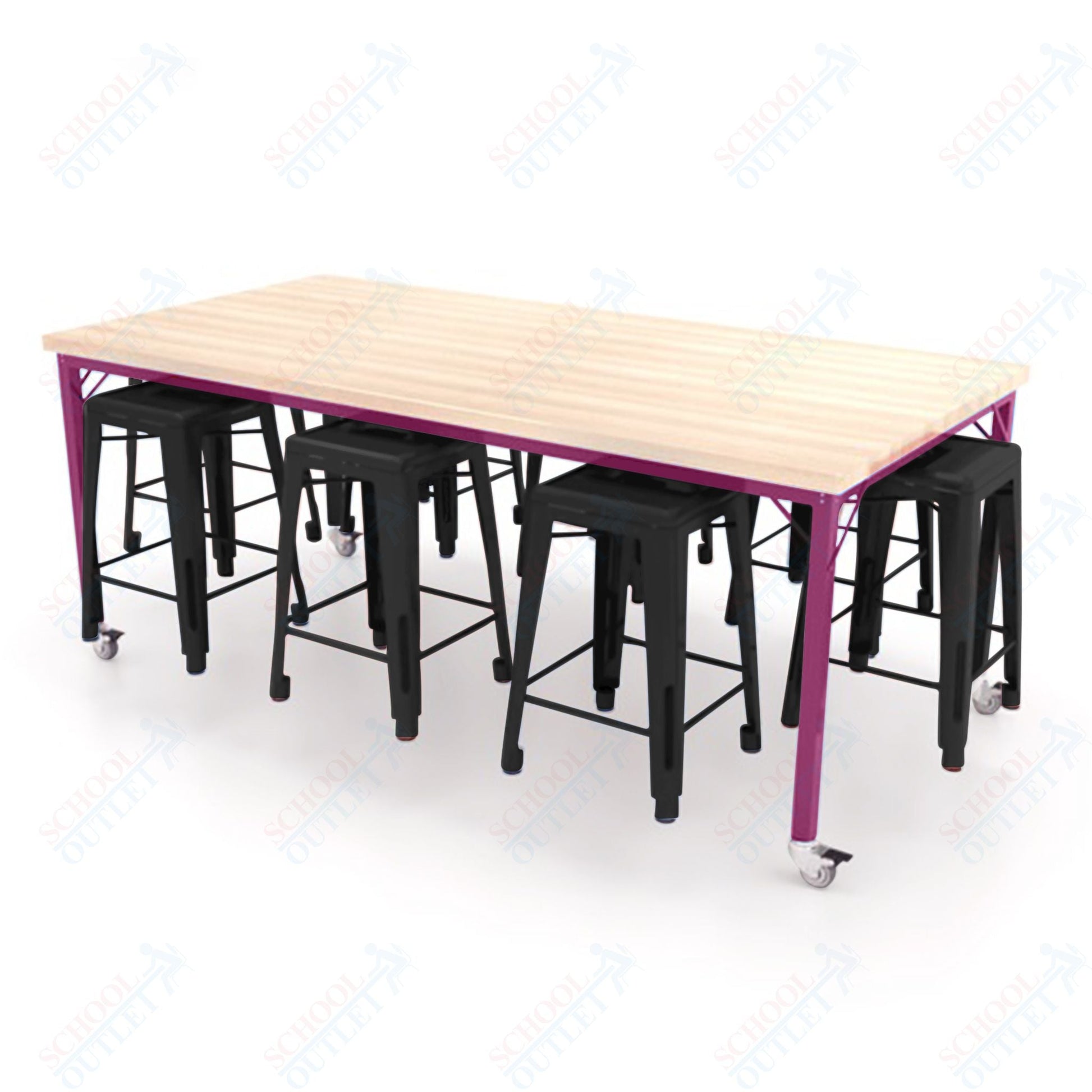 CEF Brainstorm Workbench 34"H with Butcher Block Top and Steel Frame, 8 Magnetic Metal Stools Included, for 3rd Grade and Up ADA Compliant - SchoolOutlet