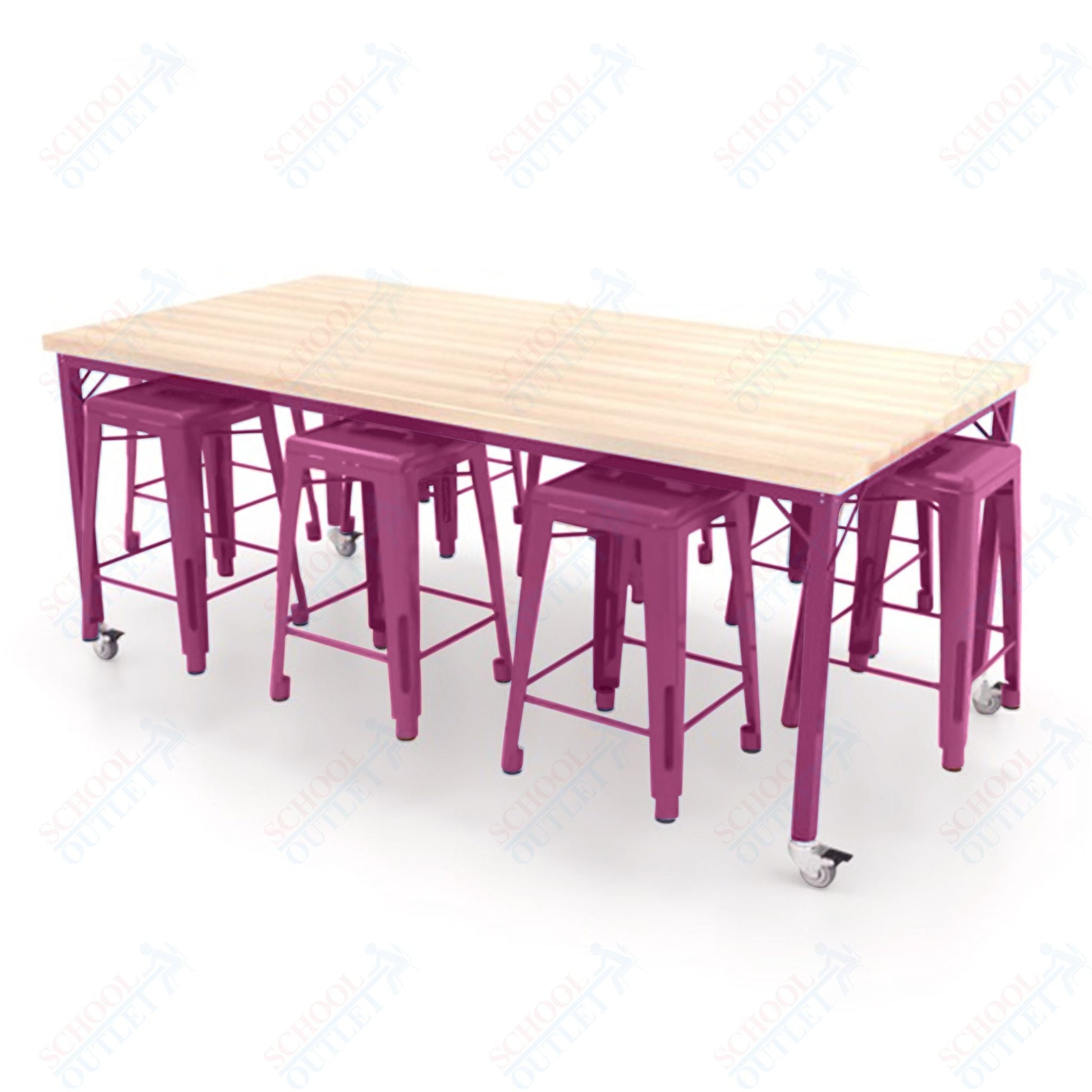 CEF Brainstorm Workbench 34"H with Butcher Block Top and Steel Frame, 8 Magnetic Metal Stools Included, for 3rd Grade and Up ADA Compliant - SchoolOutlet