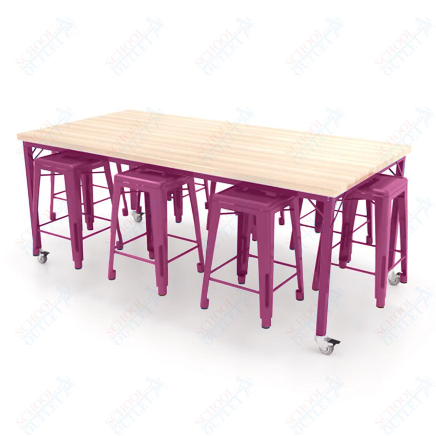 CEF Brainstorm Workbench 34"H with Butcher Block Top and Steel Frame, 8 Magnetic Metal Stools Included, for 3rd Grade and Up ADA Compliant - SchoolOutlet