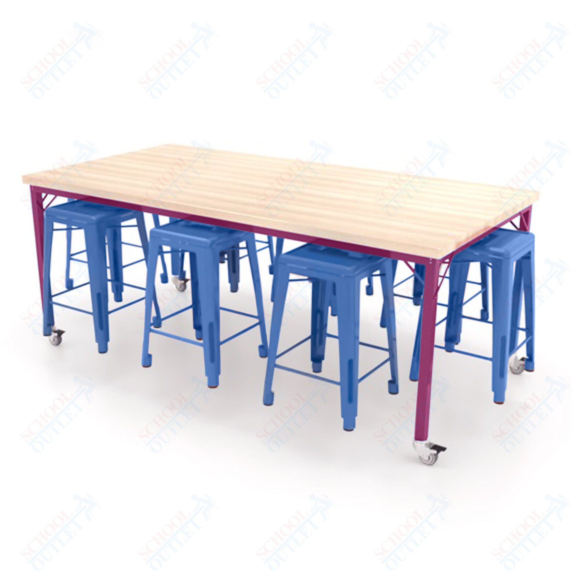 CEF Brainstorm Workbench 34"H with Butcher Block Top and Steel Frame, 8 Magnetic Metal Stools Included, for 3rd Grade and Up ADA Compliant - SchoolOutlet