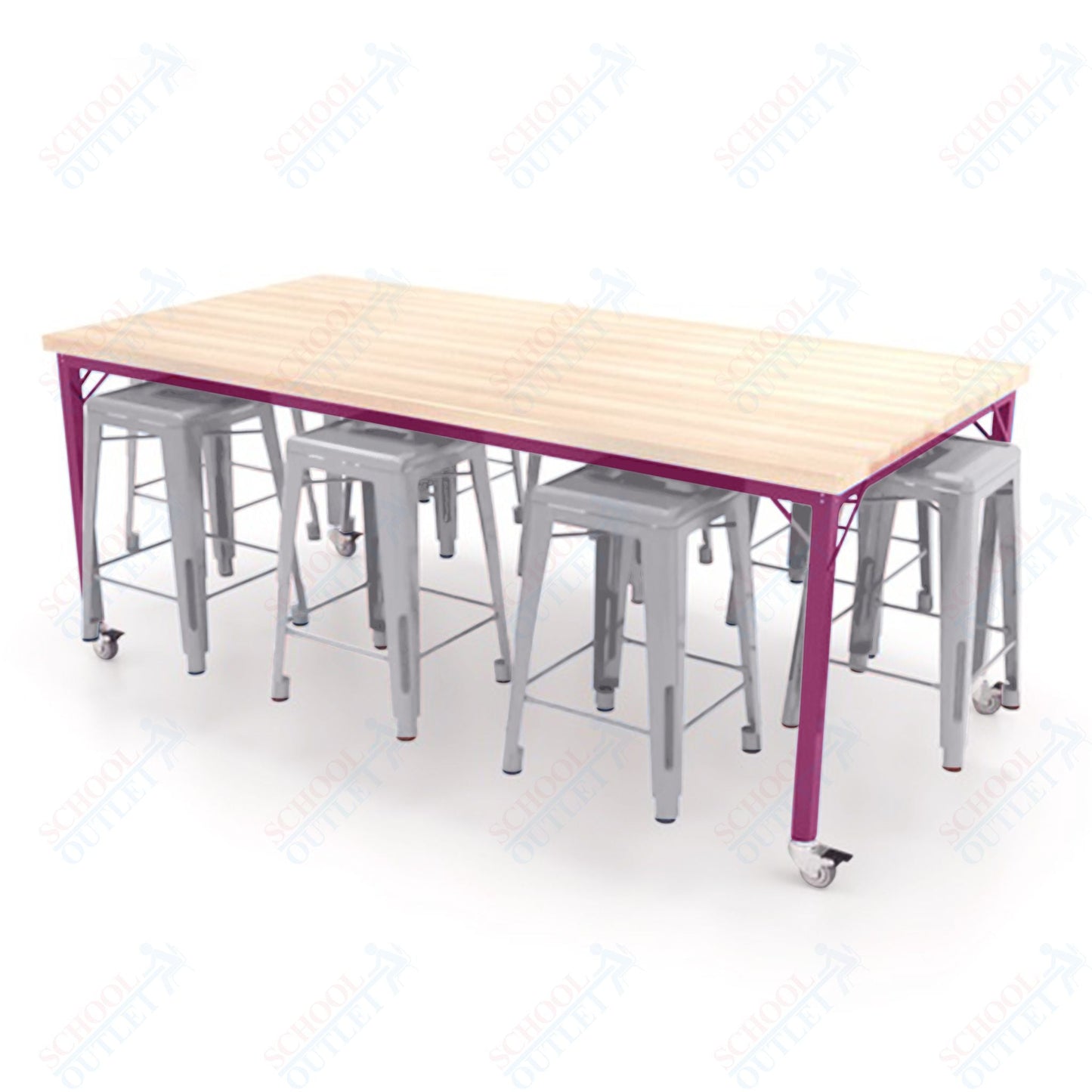 CEF Brainstorm Workbench 34"H with Butcher Block Top and Steel Frame, 8 Magnetic Metal Stools Included, for 3rd Grade and Up ADA Compliant - SchoolOutlet