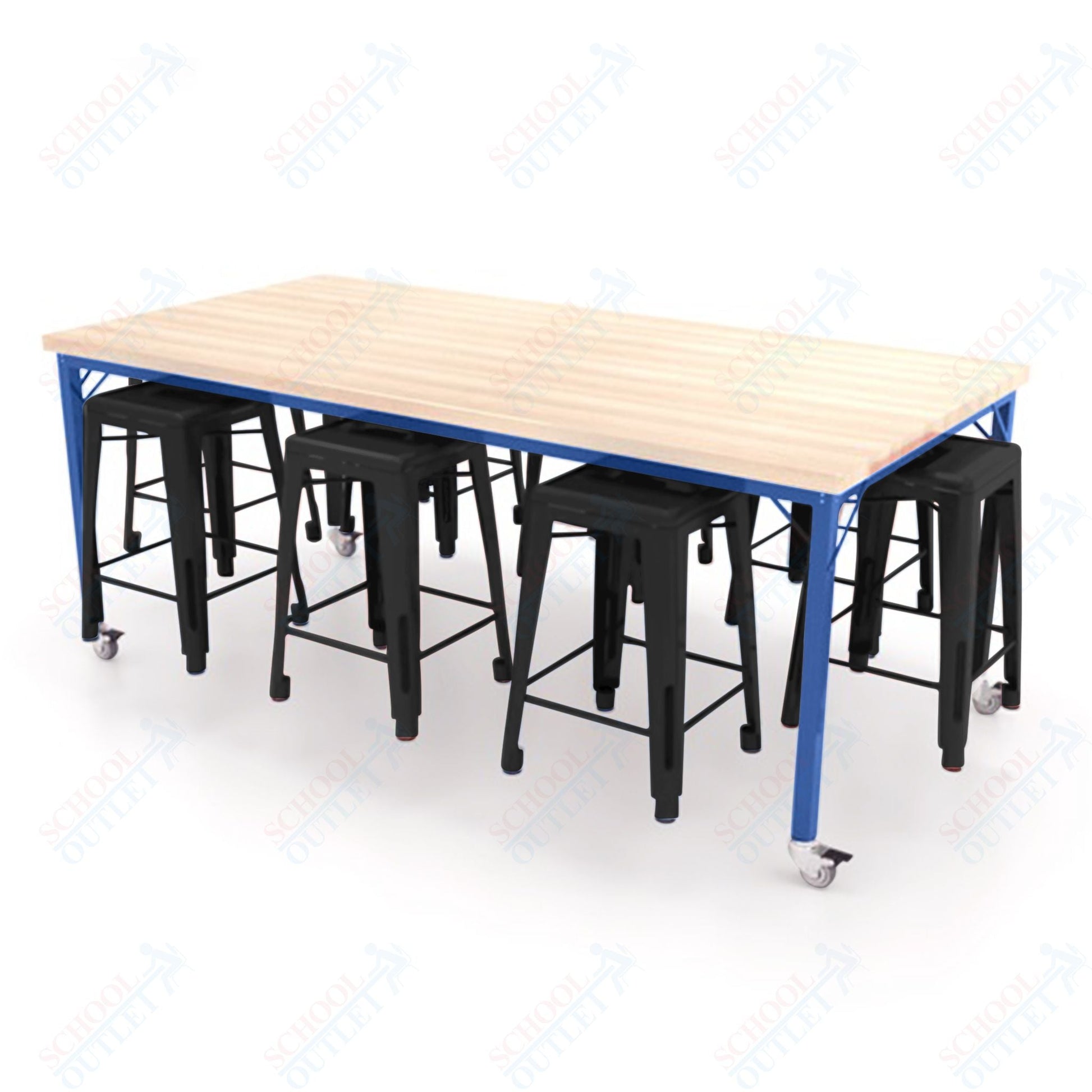 CEF Brainstorm Workbench 34"H with Butcher Block Top and Steel Frame, 8 Magnetic Metal Stools Included, for 3rd Grade and Up ADA Compliant - SchoolOutlet