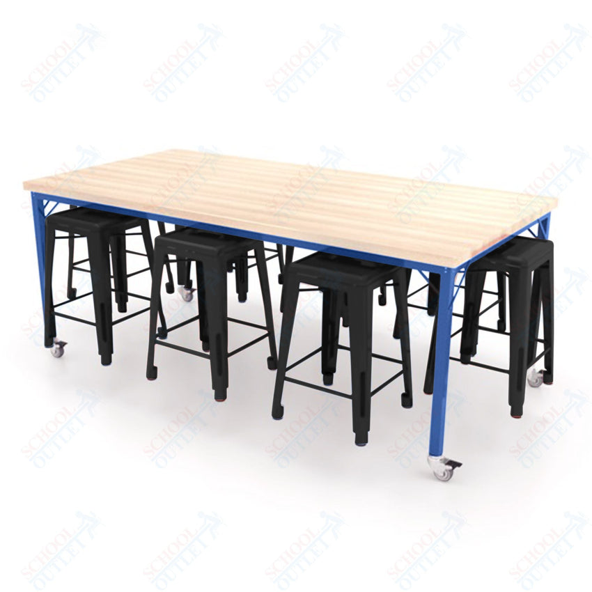 CEF Brainstorm Workbench 34"H with Butcher Block Top and Steel Frame, 8 Magnetic Metal Stools Included, for 3rd Grade and Up ADA Compliant - SchoolOutlet