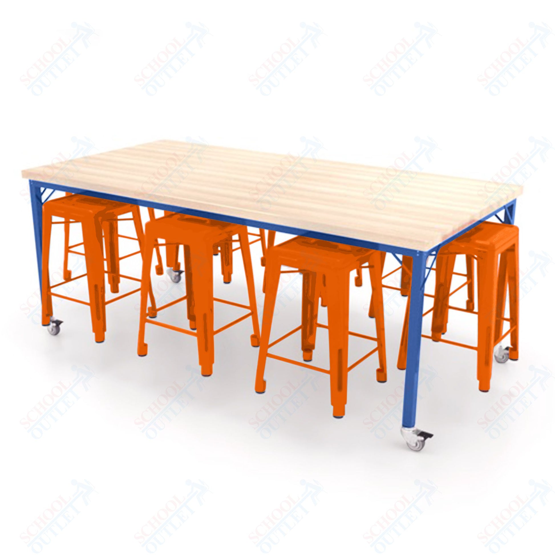 CEF Brainstorm Workbench 34"H with Butcher Block Top and Steel Frame, 8 Magnetic Metal Stools Included, for 3rd Grade and Up ADA Compliant - SchoolOutlet