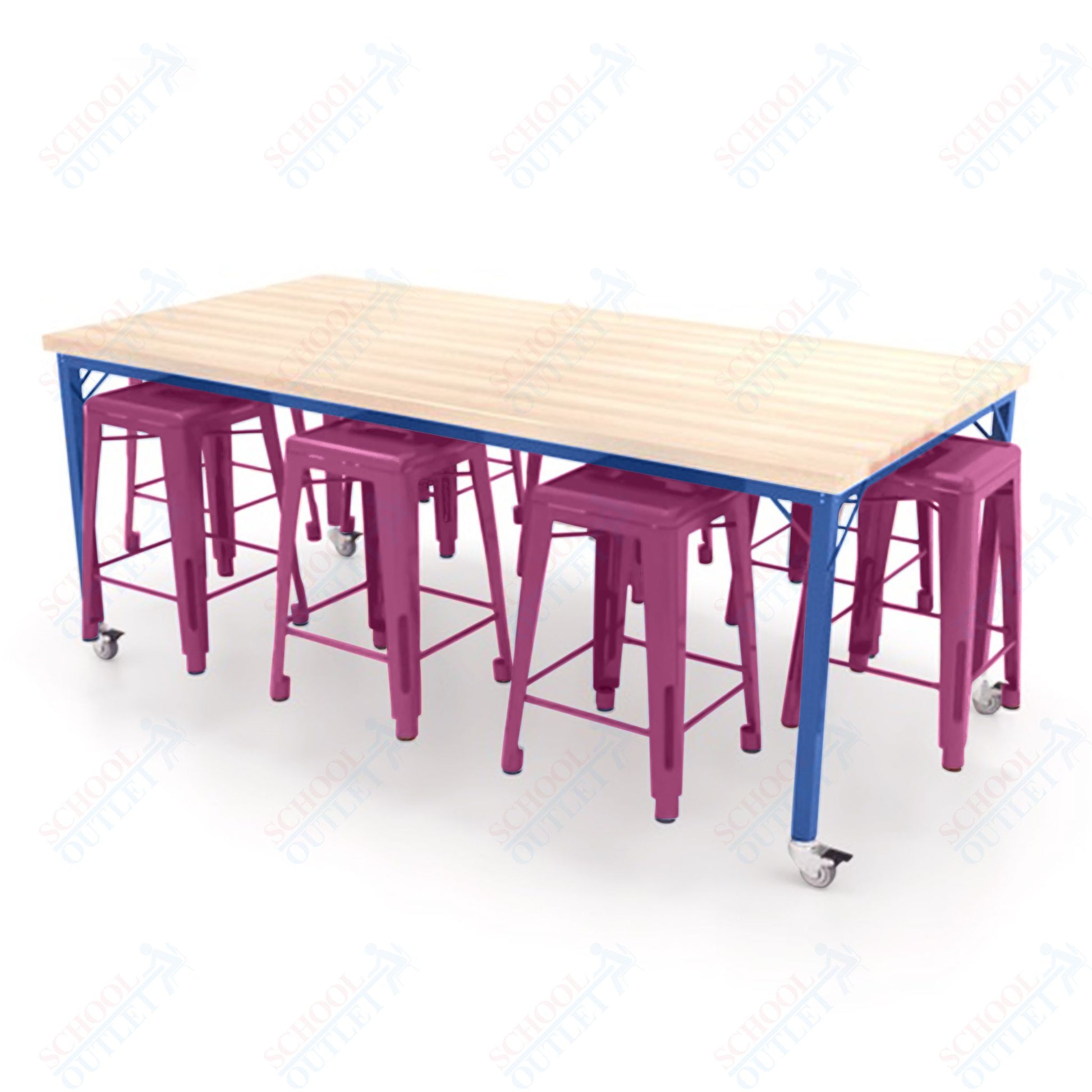 CEF Brainstorm Workbench 34"H with Butcher Block Top and Steel Frame, 8 Magnetic Metal Stools Included, for 3rd Grade and Up ADA Compliant - SchoolOutlet