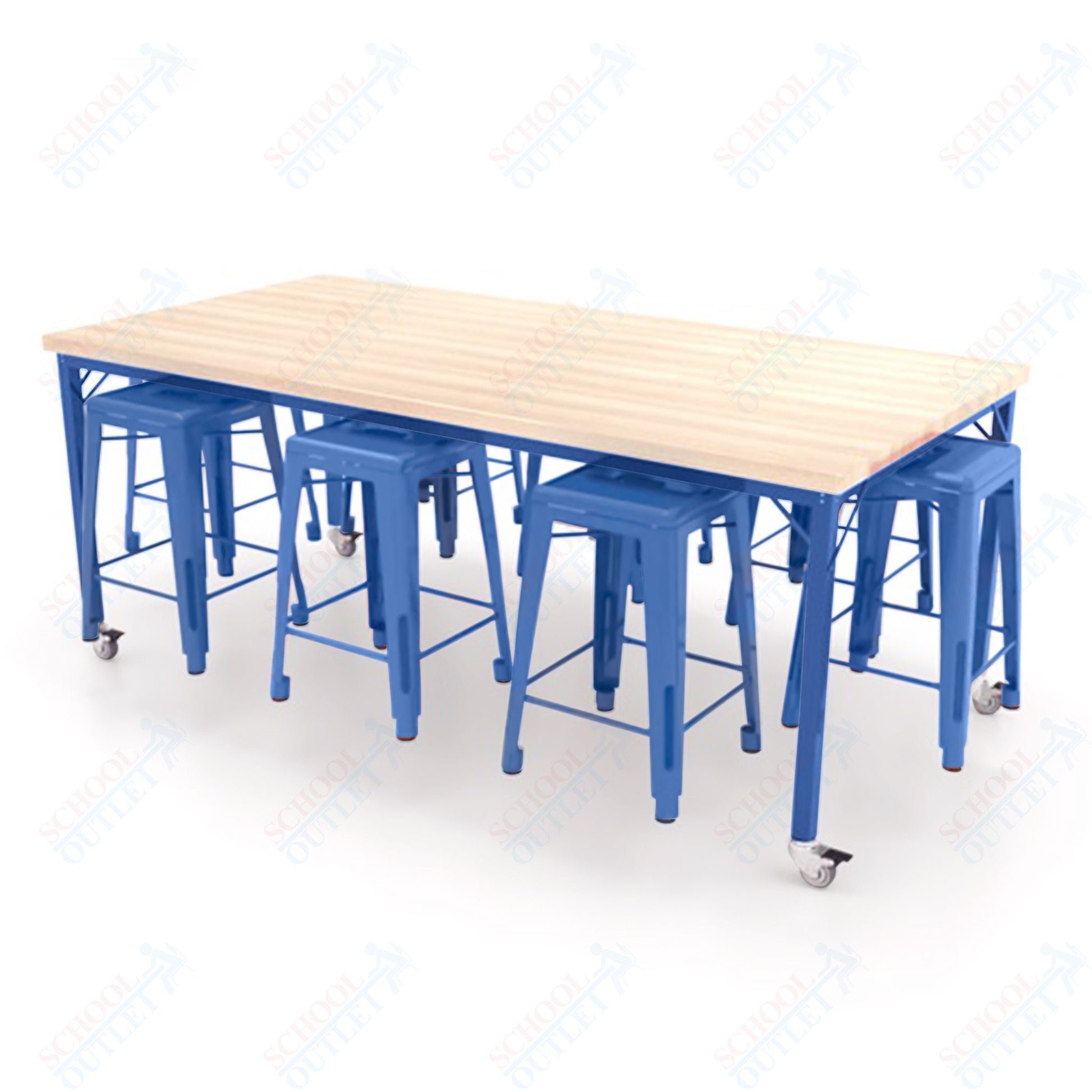 CEF Brainstorm Workbench 34"H with Butcher Block Top and Steel Frame, 8 Magnetic Metal Stools Included, for 3rd Grade and Up ADA Compliant - SchoolOutlet