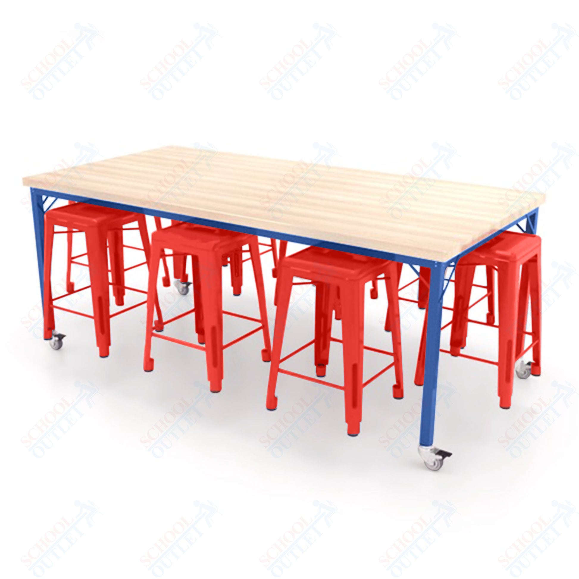 CEF Brainstorm Workbench 34"H with Butcher Block Top and Steel Frame, 8 Magnetic Metal Stools Included, for 3rd Grade and Up ADA Compliant - SchoolOutlet