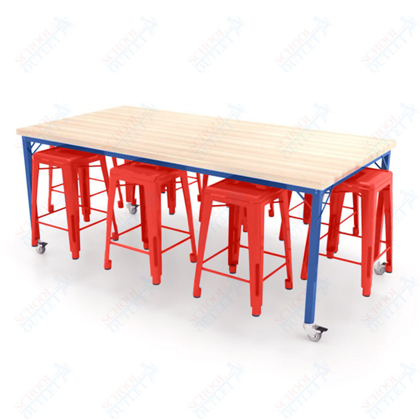 CEF Brainstorm Workbench 34"H with Butcher Block Top and Steel Frame, 8 Magnetic Metal Stools Included, for 3rd Grade and Up ADA Compliant - SchoolOutlet