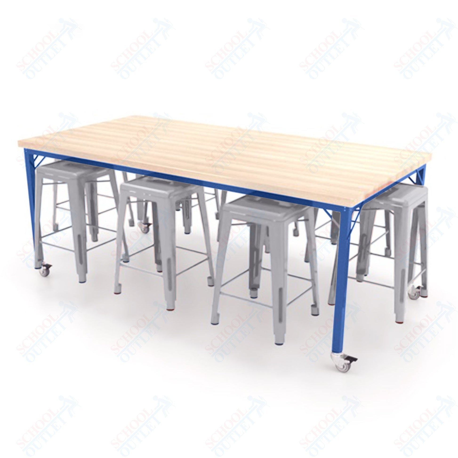 CEF Brainstorm Workbench 34"H with Butcher Block Top and Steel Frame, 8 Magnetic Metal Stools Included, for 3rd Grade and Up ADA Compliant - SchoolOutlet