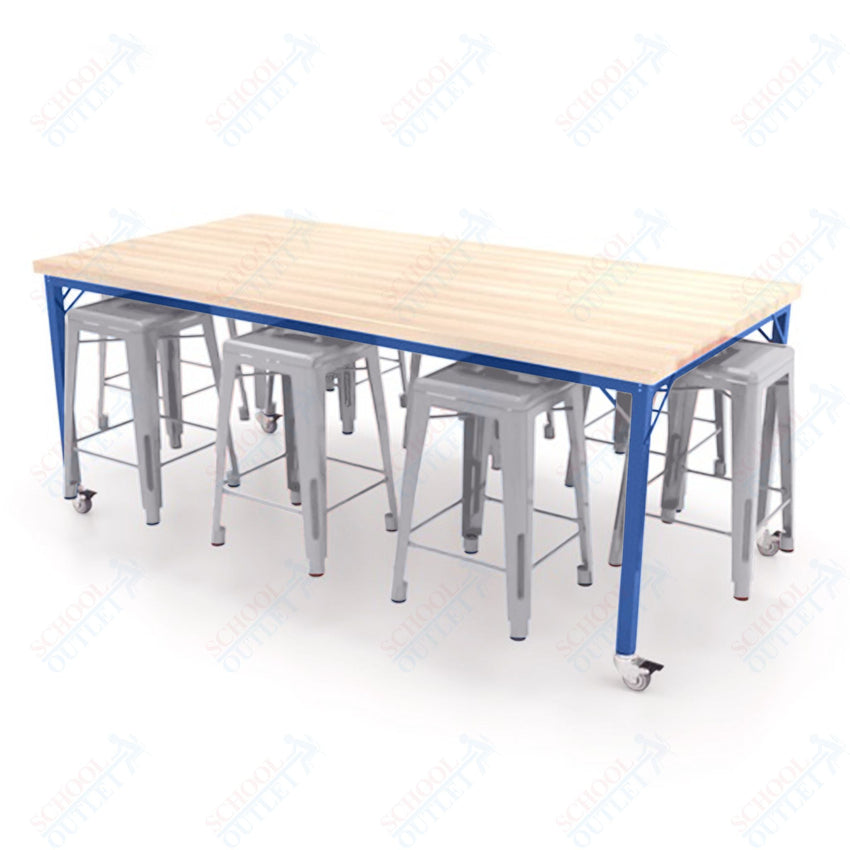 CEF Brainstorm Workbench 34"H with Butcher Block Top and Steel Frame, 8 Magnetic Metal Stools Included, for 3rd Grade and Up ADA Compliant - SchoolOutlet