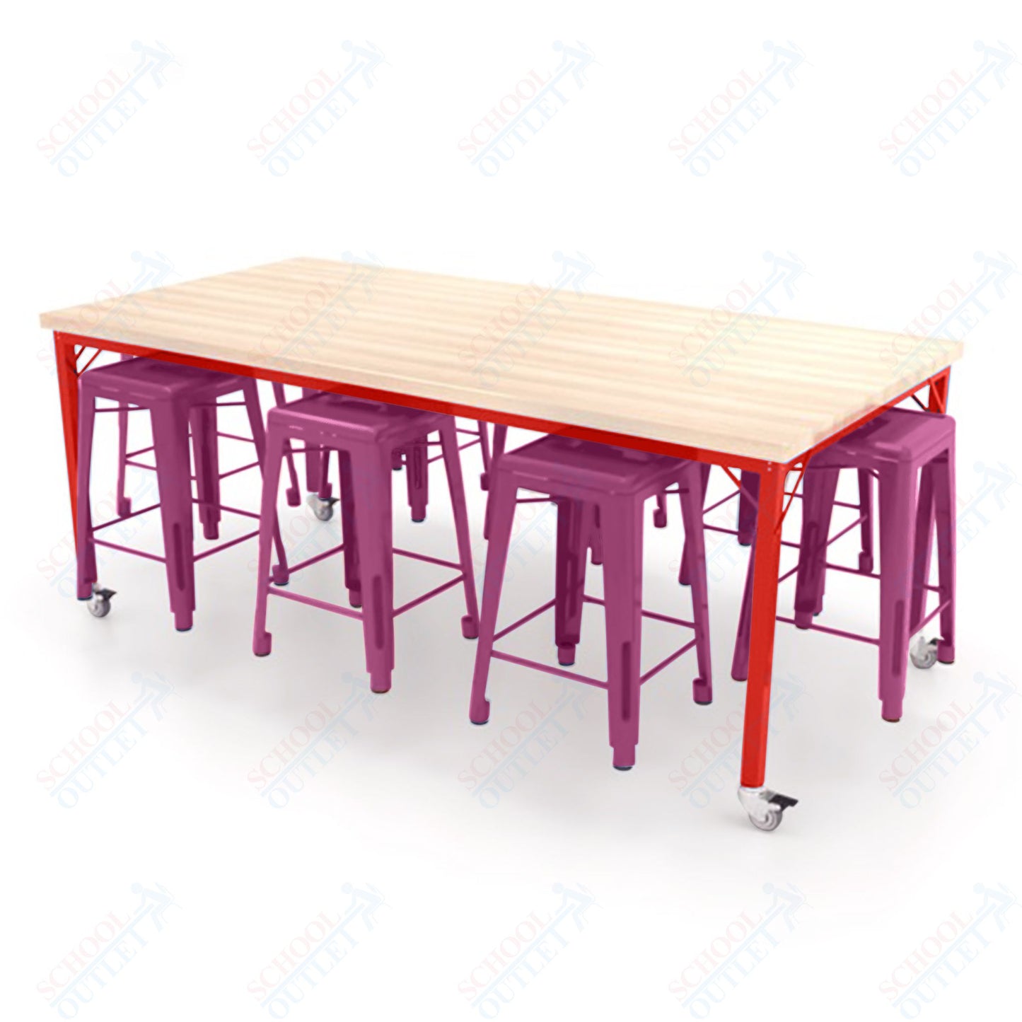 CEF Brainstorm Workbench 34"H with Butcher Block Top and Steel Frame, 8 Magnetic Metal Stools Included, for 3rd Grade and Up ADA Compliant - SchoolOutlet