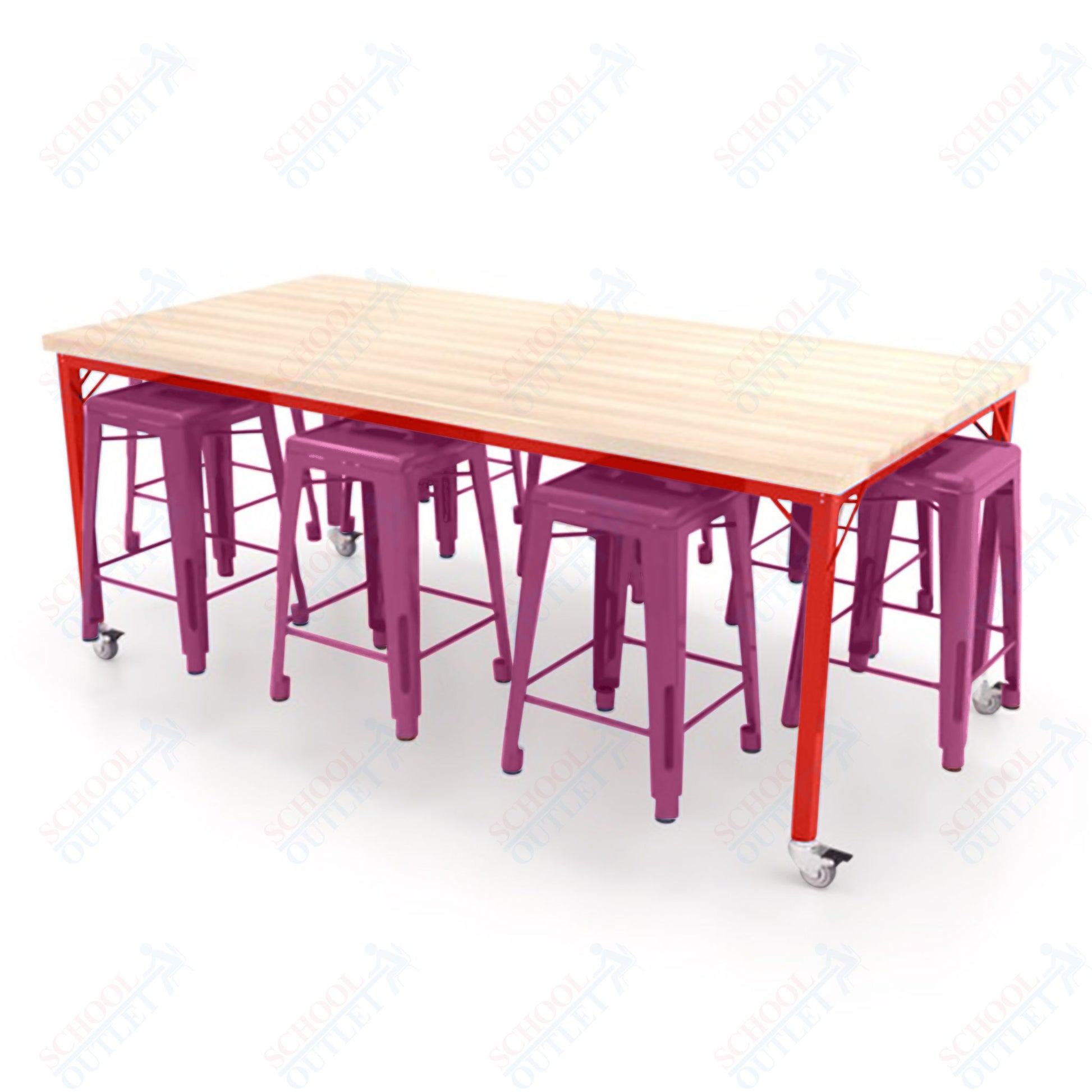 CEF Brainstorm Workbench 34"H with Butcher Block Top and Steel Frame, 8 Magnetic Metal Stools Included, for 3rd Grade and Up ADA Compliant - SchoolOutlet