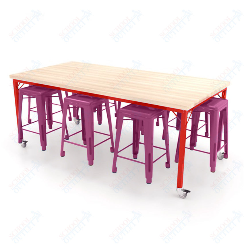 CEF Brainstorm Workbench 34"H with Butcher Block Top and Steel Frame, 8 Magnetic Metal Stools Included, for 3rd Grade and Up ADA Compliant - SchoolOutlet
