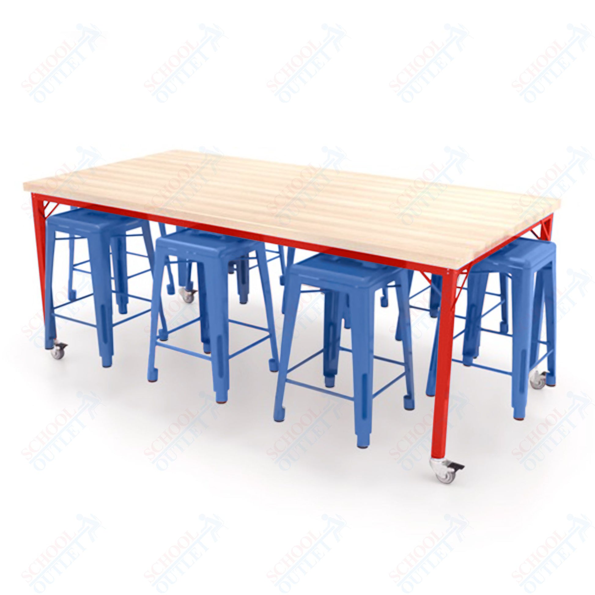 CEF Brainstorm Workbench 34"H with Butcher Block Top and Steel Frame, 8 Magnetic Metal Stools Included, for 3rd Grade and Up ADA Compliant - SchoolOutlet
