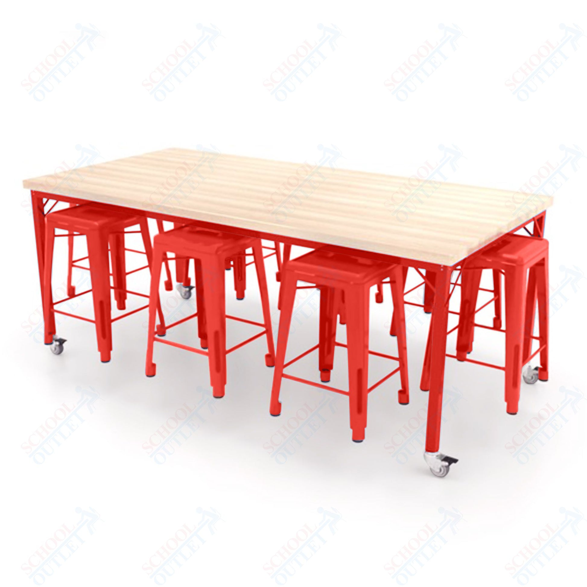 CEF Brainstorm Workbench 34"H with Butcher Block Top and Steel Frame, 8 Magnetic Metal Stools Included, for 3rd Grade and Up ADA Compliant - SchoolOutlet