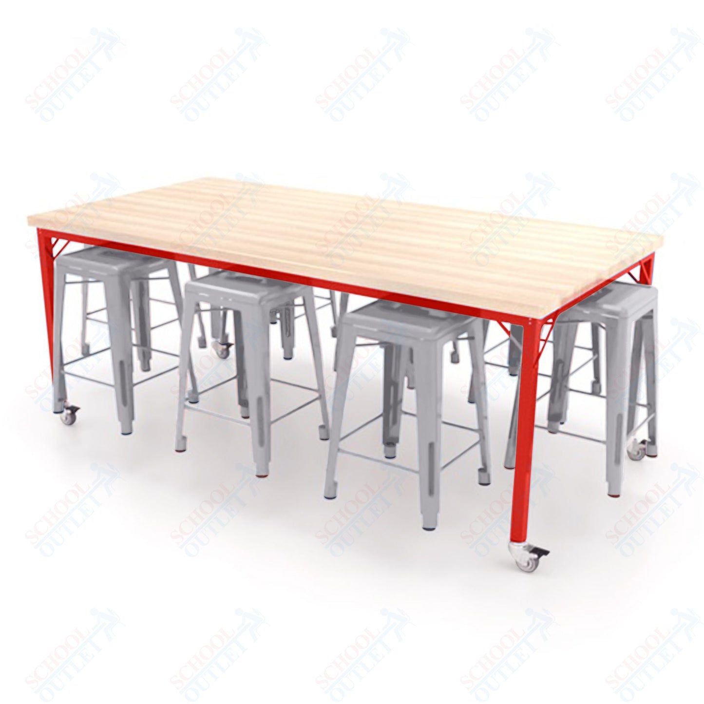 CEF Brainstorm Workbench 34"H with Butcher Block Top and Steel Frame, 8 Magnetic Metal Stools Included, for 3rd Grade and Up ADA Compliant - SchoolOutlet