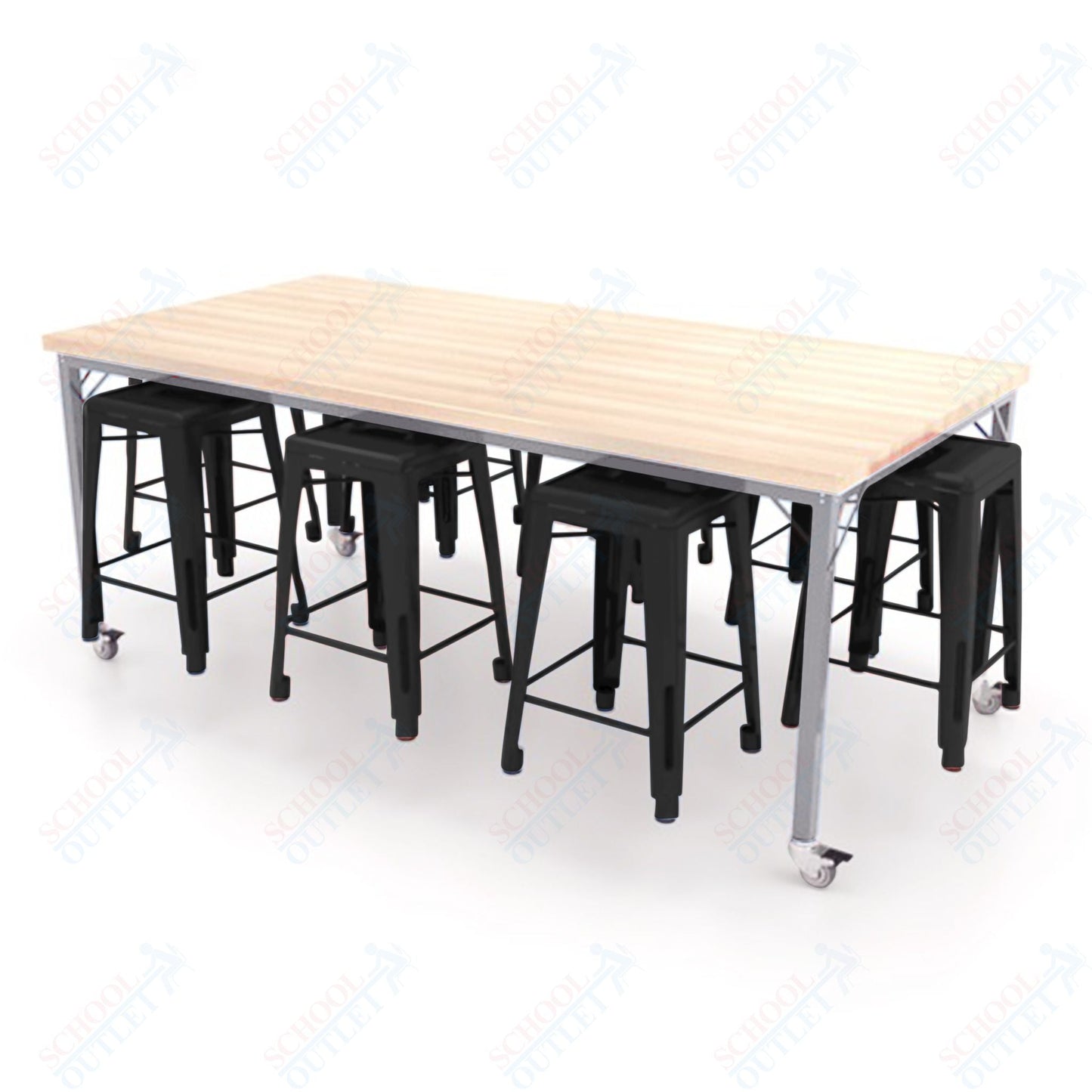 CEF Brainstorm Workbench 34"H with Butcher Block Top and Steel Frame, 8 Magnetic Metal Stools Included, for 3rd Grade and Up ADA Compliant - SchoolOutlet
